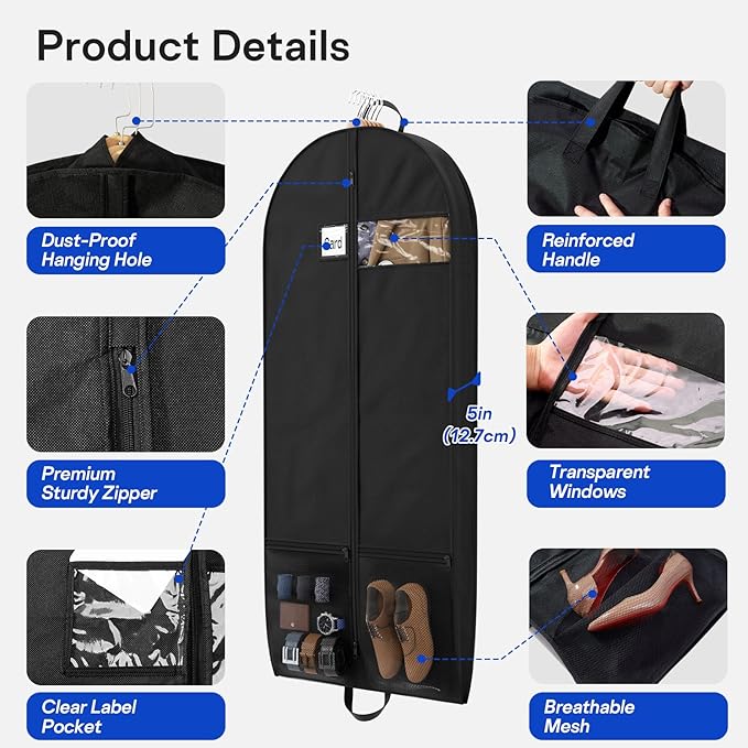 2 Pack Garment Bags for Travel Suit Bags, Dress Bags, Garment Bags for Hanging Clothes with Pockets Men's Suit Holder for Shirts, Coats, Dresses (Black, 2Pack 60")