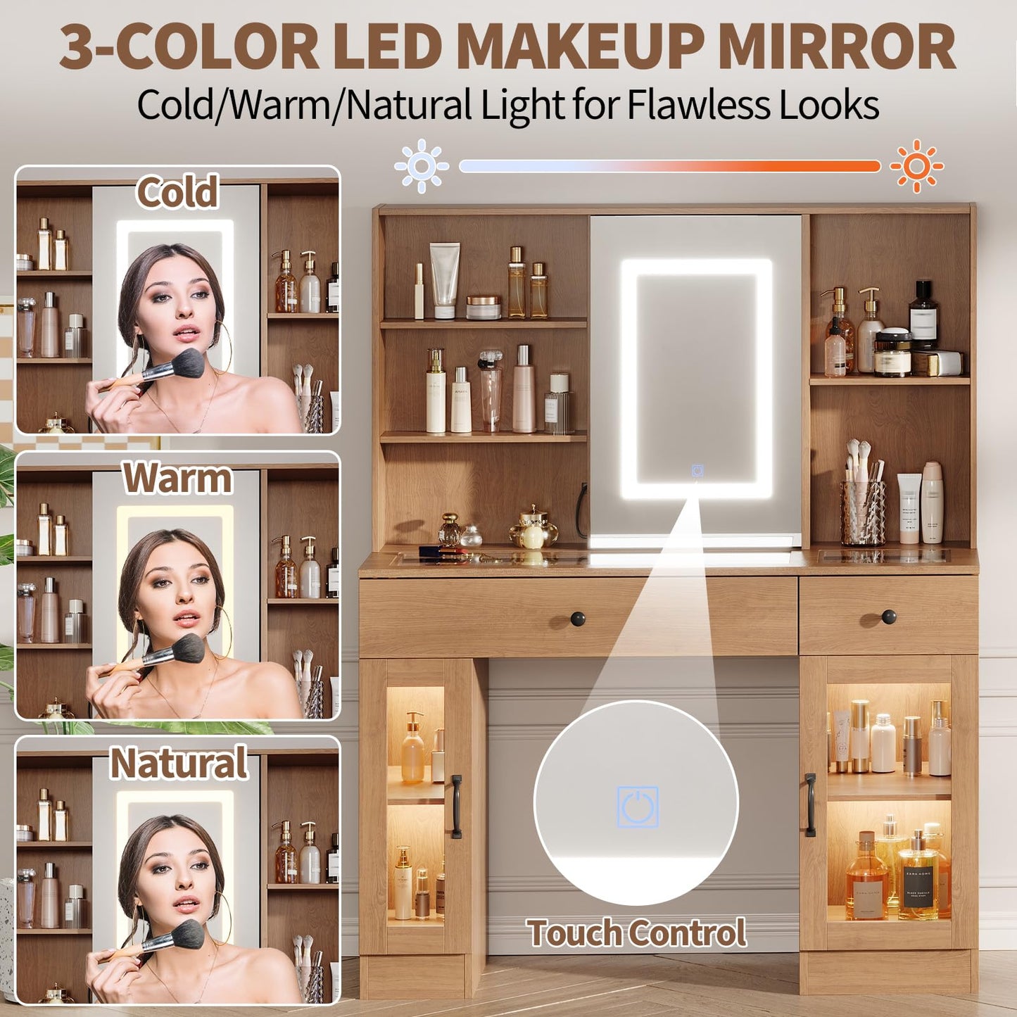 Garvee Large Vanity Desk with Sliding Mirror & 3-Color LED Lights, Makeup Dressing Table with Storage Drawers, Shelves, Cabinets, USB Outlets, MDF Beauty Station, Easy Assembly