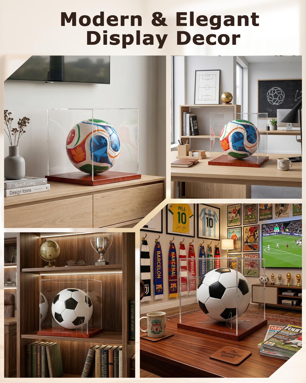 Fitense Soccer Ball Display Case with Solid Wood Base, UV Protected Clear Acrylic Box, Removable Transparent Holder for Autographed Balls, Sports Collectibles & Memorabilia Display