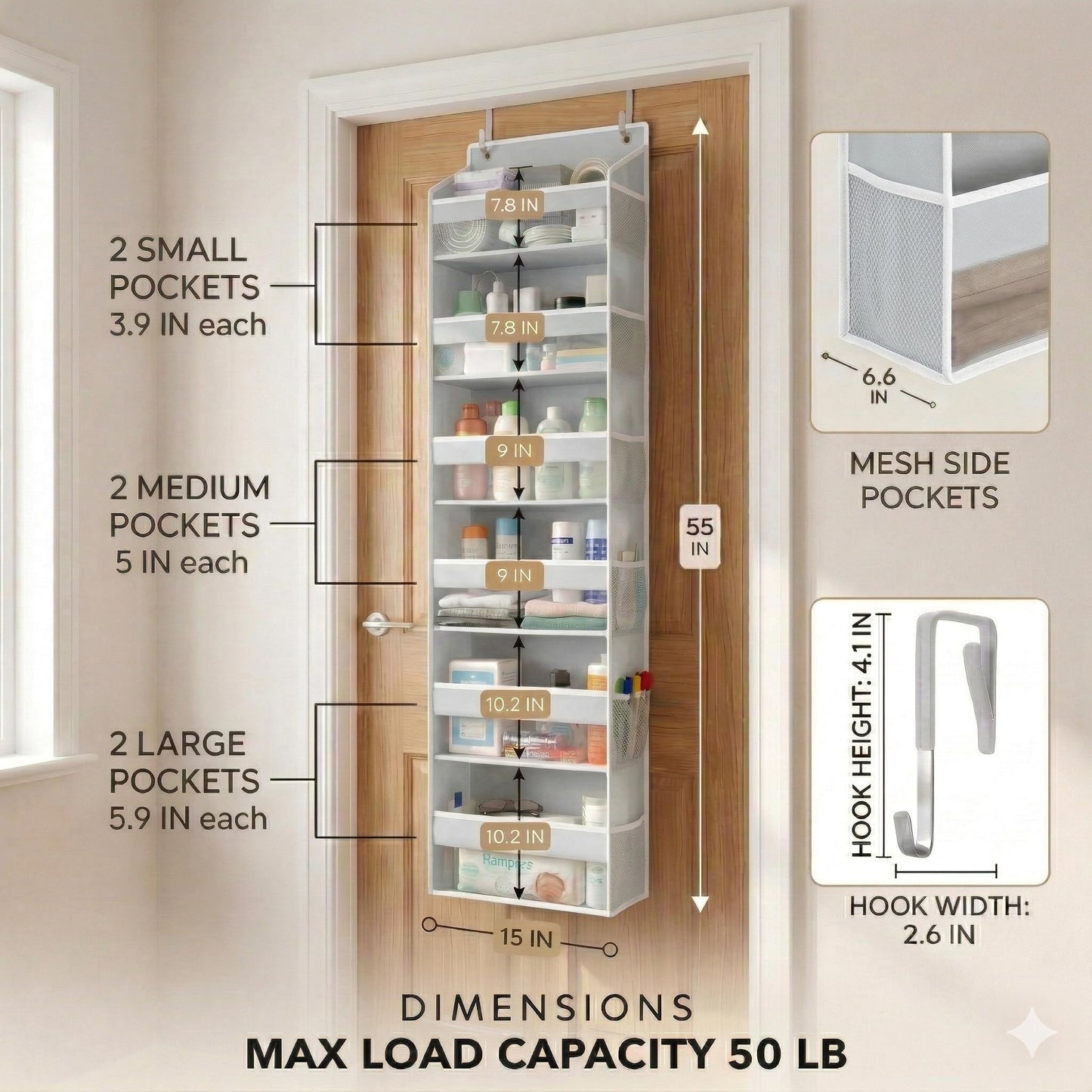 HOMELUX THEORY UPGRADED 6 Tiers Over The Door Organizer Hanging - 100D EXTRA THICK & 50lbs HUGE CAPACITY, 12 Side Mesh Pockets Over The Door Shoe Organizer, Hanging Closet Organizer (Light Gray, 1pc)
