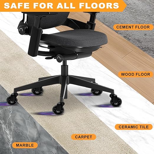 Office Chair Wheels for Casters Replacement - 3" Rubber Wheels for Computer Gaming Desk Caster Smooth & Safe Rolling for All Floors Including Hardwood and Carpet - Set of 5 - Black