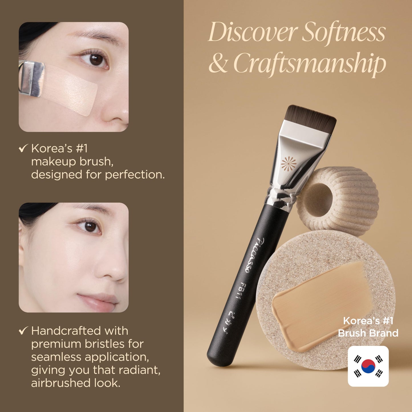 Piccasso FB11 Foundation Brush With Sponge – Professional Foundation Brush for Liquid Makeup, Flat and Soft Bristles for Seamless Application, Ideal for Liquid Foundation and Cream Face Makeup