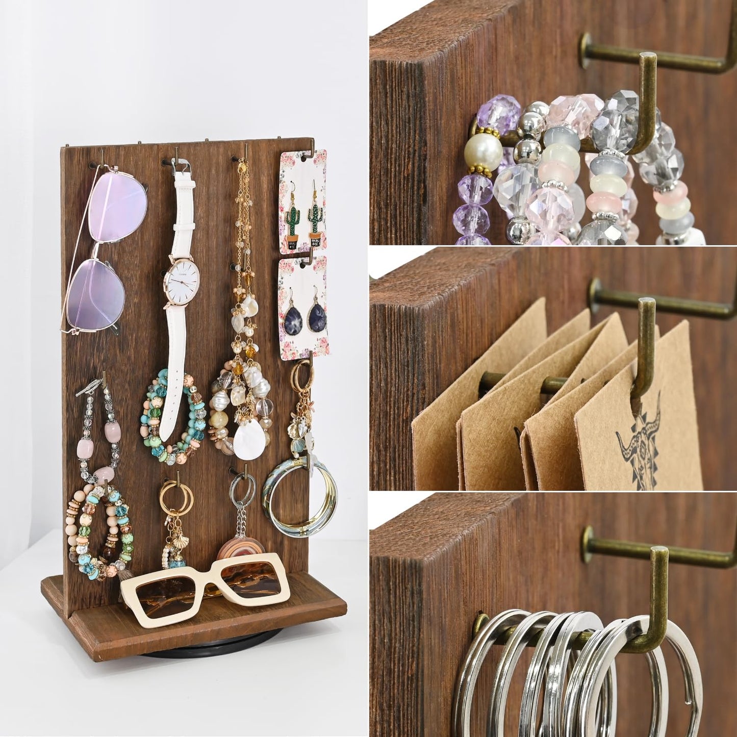 MOOCA Wooden Rotating Two-Sided Jewelry Display Stand, Rotating Organizer with 32 Long Hooks for Store, Keychain Earring Display, Brown color, 9.1W x 7.5 D x 17.1 H in