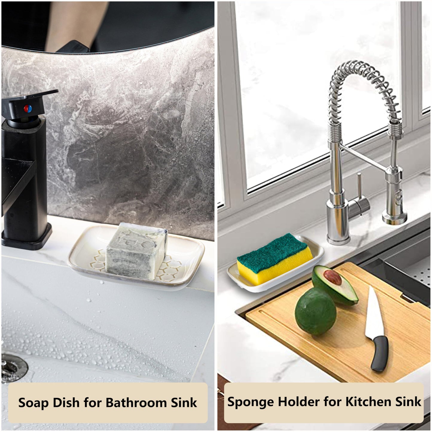 Gomakren Soap Dish for Shower, Ceramic Bar Soap Holder with Honeycomb Design, Soap Saver Tray for Bathroom Kitchen Sink, Sponge & Organizer Tray, Upscale Look, 5.5 Inch, Beige