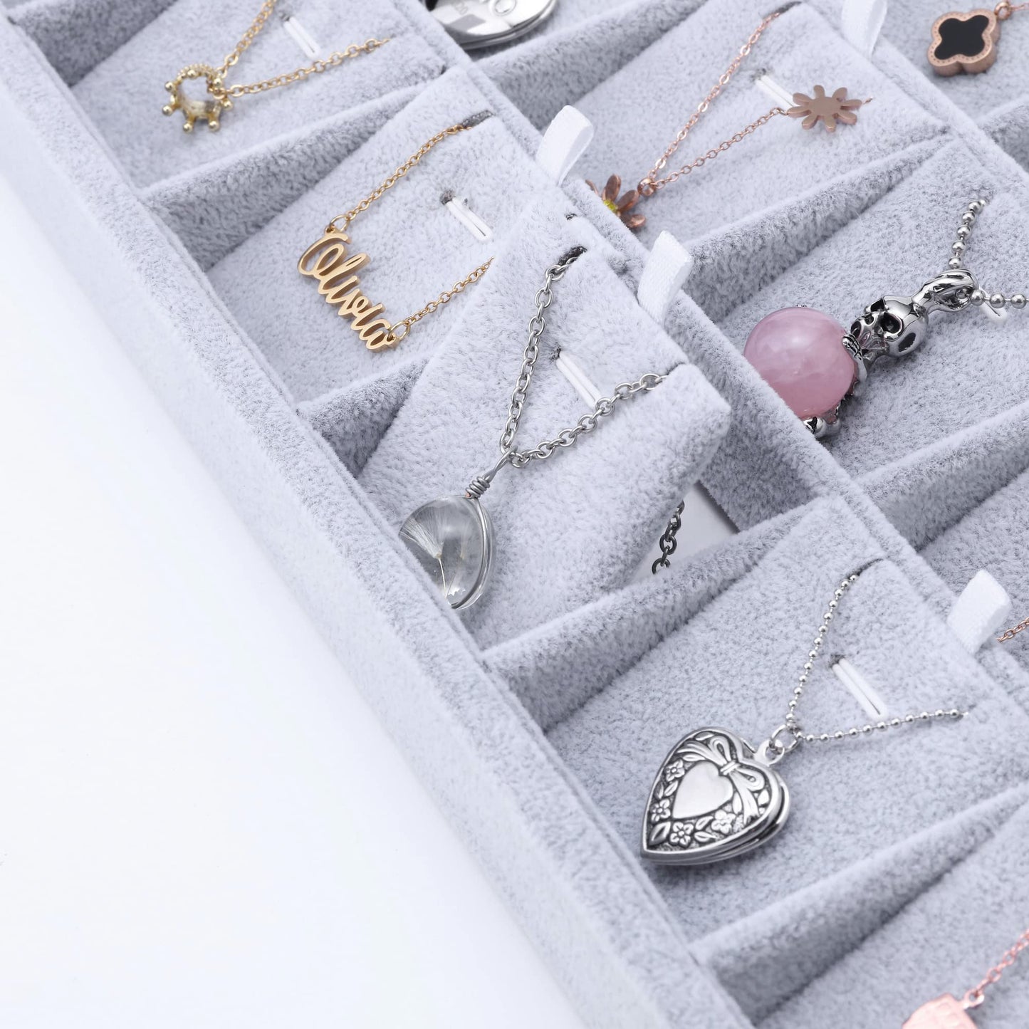 Mornajina 24 Grids Stackable Jewelry Tray Organizer with Removable Dividers, Velvet Jewelry Display Tray for Earrings Necklaces Bracelet Rings Display Showcase - Grey