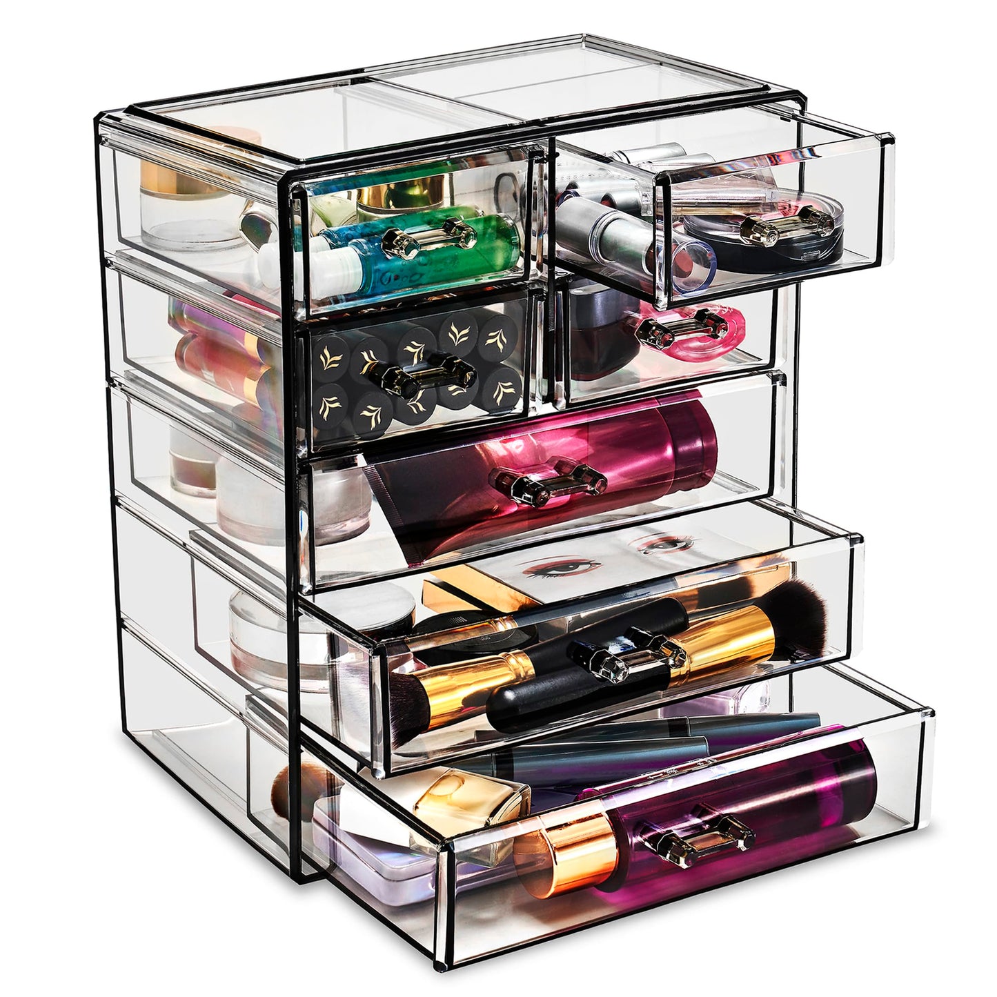 Sorbus Acrylic Makeup Organizer Set, 7-Drawer Vanity & Countertop Cosmetic Storage with Small & Wide Drawers, Black Jewel Makeup Storage for Brushes, Lipsticks, Jewelry, Holiday Gift for Women & Teens
