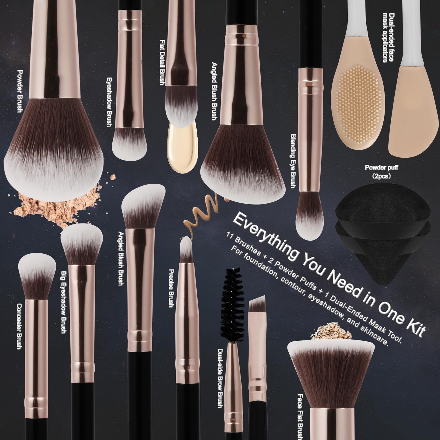 HEDIVIA Black Makeup Brushes Set 14 Pcs Professional, Premium Synthetic Foundation Makeup Brush Concealer Powder Blush Eyeshadow Brushes with 2 Powder Puff & Dual-ended Mask Applicator.Gifts for Girls