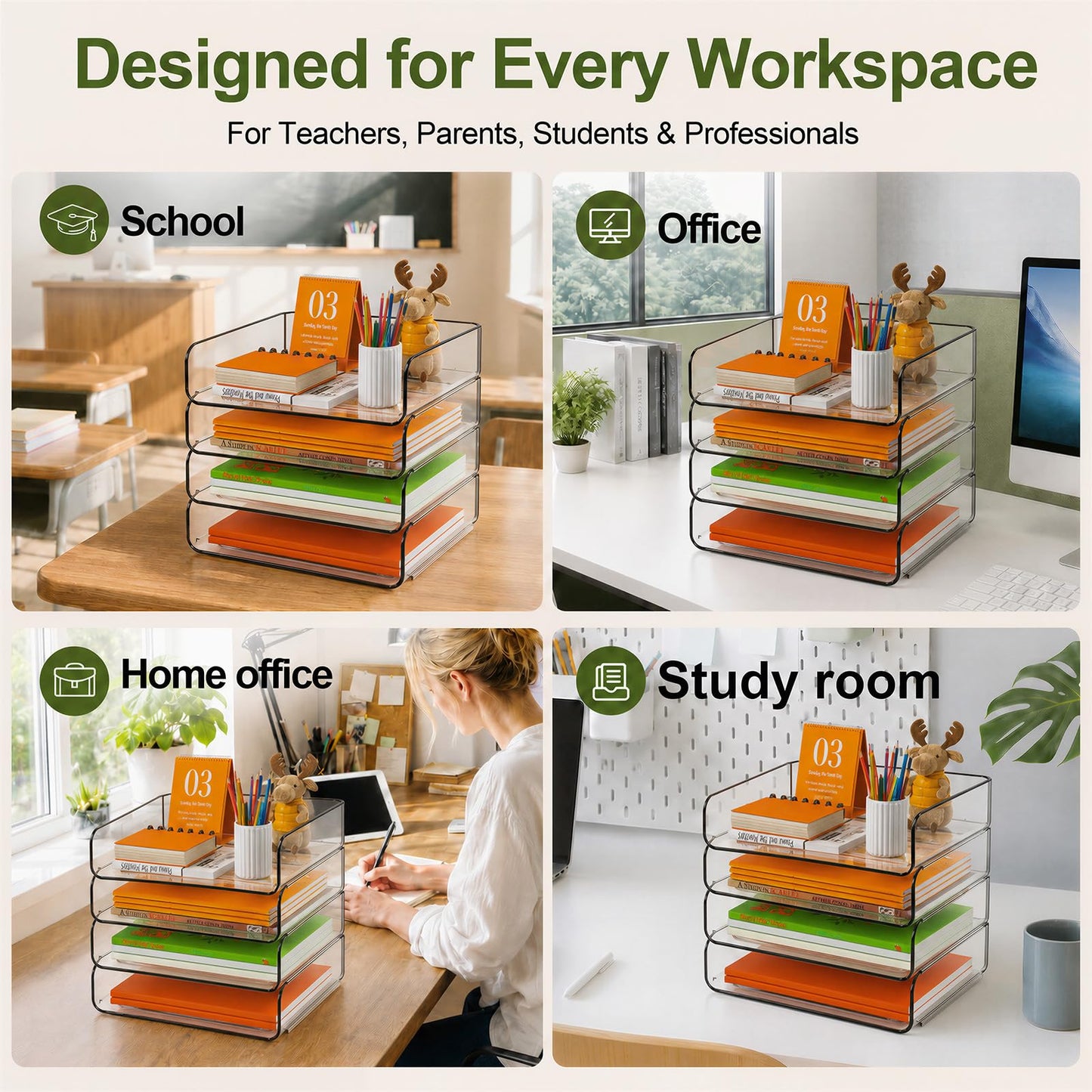 FANXIYQ 4-Tier Acrylic Paper Tray Organizer - Low-Profile Desk File Sorter for Office/Home, Clear Stackable Letter Tray for Bills, Crafts, Notebooks