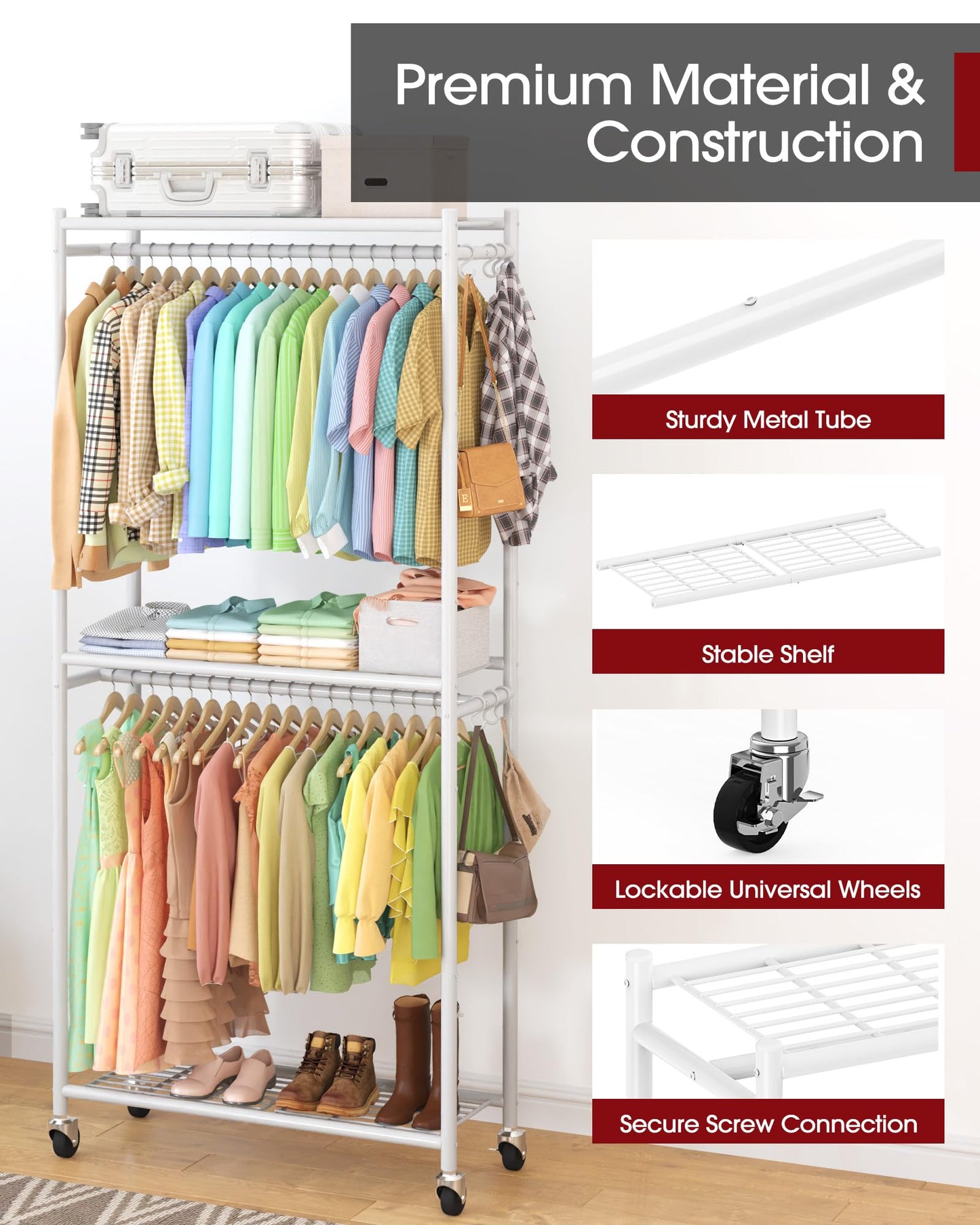 Sakugi Clothes Rack - 33.0" x 12.2" x 79.5" Clothing Rack with Shelves & Wheels, Multi-Functional Wardrobe Closet with Hooks, Sturdy Metal Garment Rack for Bedroom, Laundry, Balcony (White)
