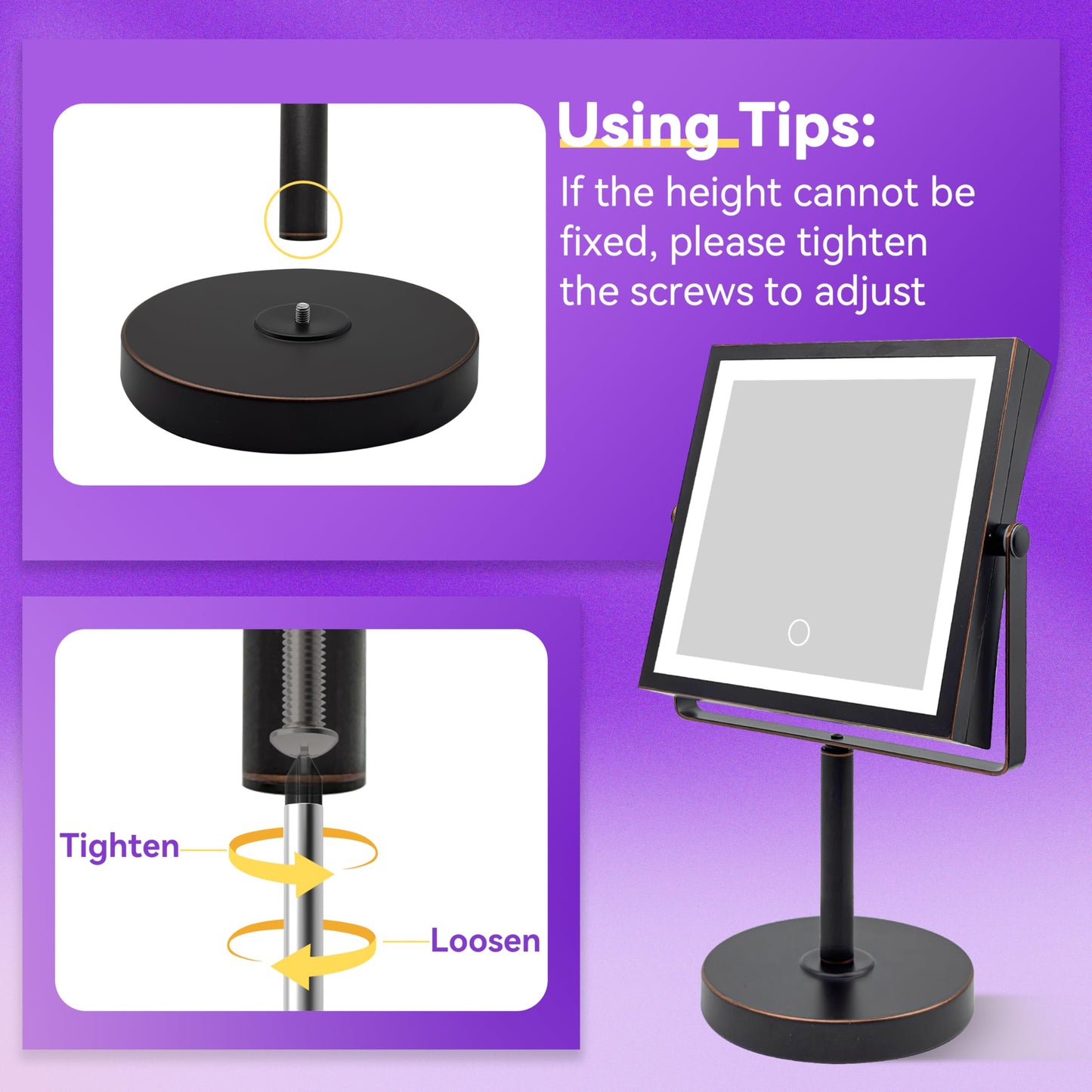 Basitool JIONIESIM Series 1X/10X Makeup Mirror with Lights, Double Sided Lighted Magnifying Mirror with 3 Colors, Height & Brightness Adjustable, Rechargeable 4000mAh Vanity Mirror (Oil Rubbed Bronze)