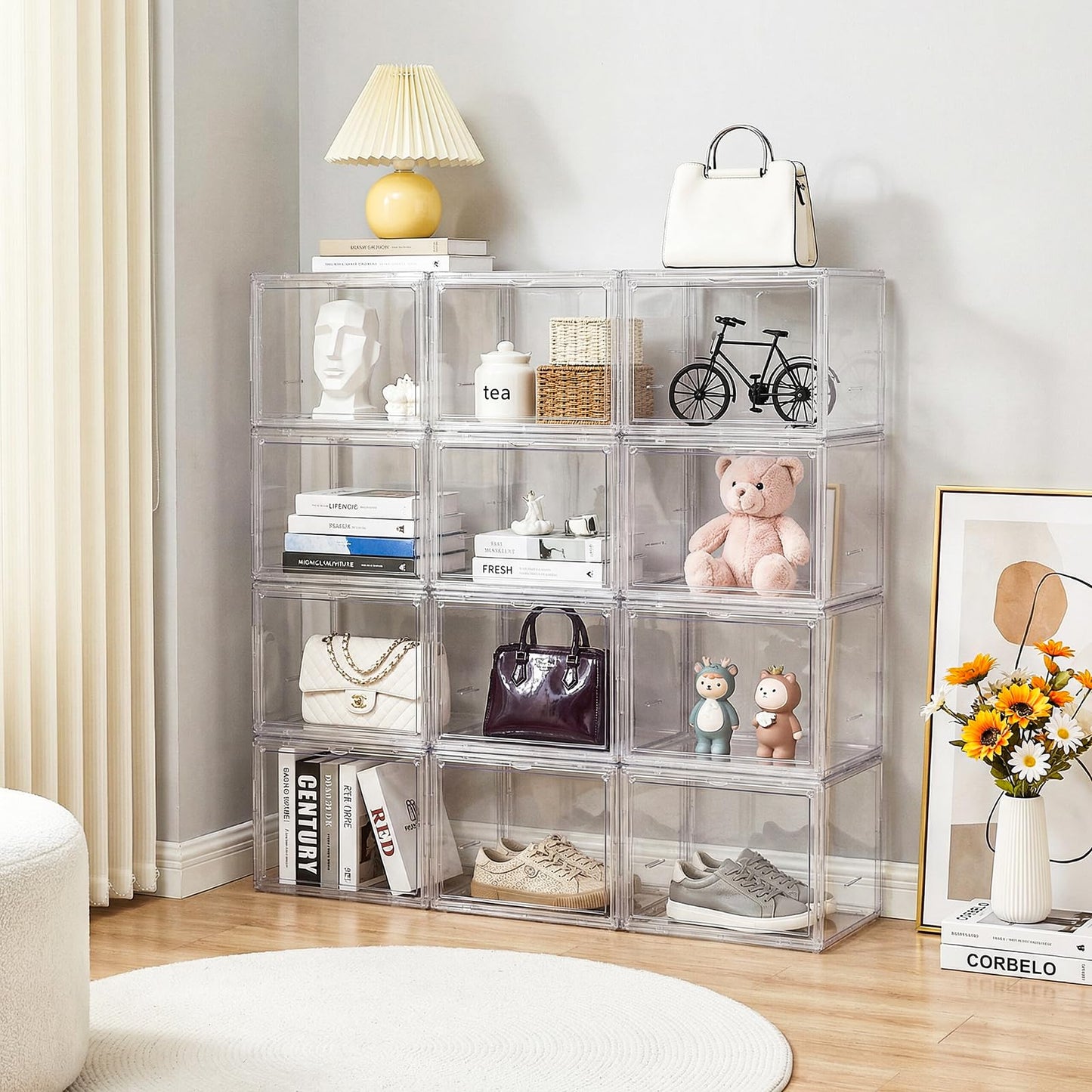 YIMITEE 2 Pack Clear Acrylic Display Case, 3 Tier Small Adjustable Display Box, Collectible Showcase with Magnetic Door, Figure Storage Shelf, Stackable Purse Organizer for Closet, Book, Cosmetic