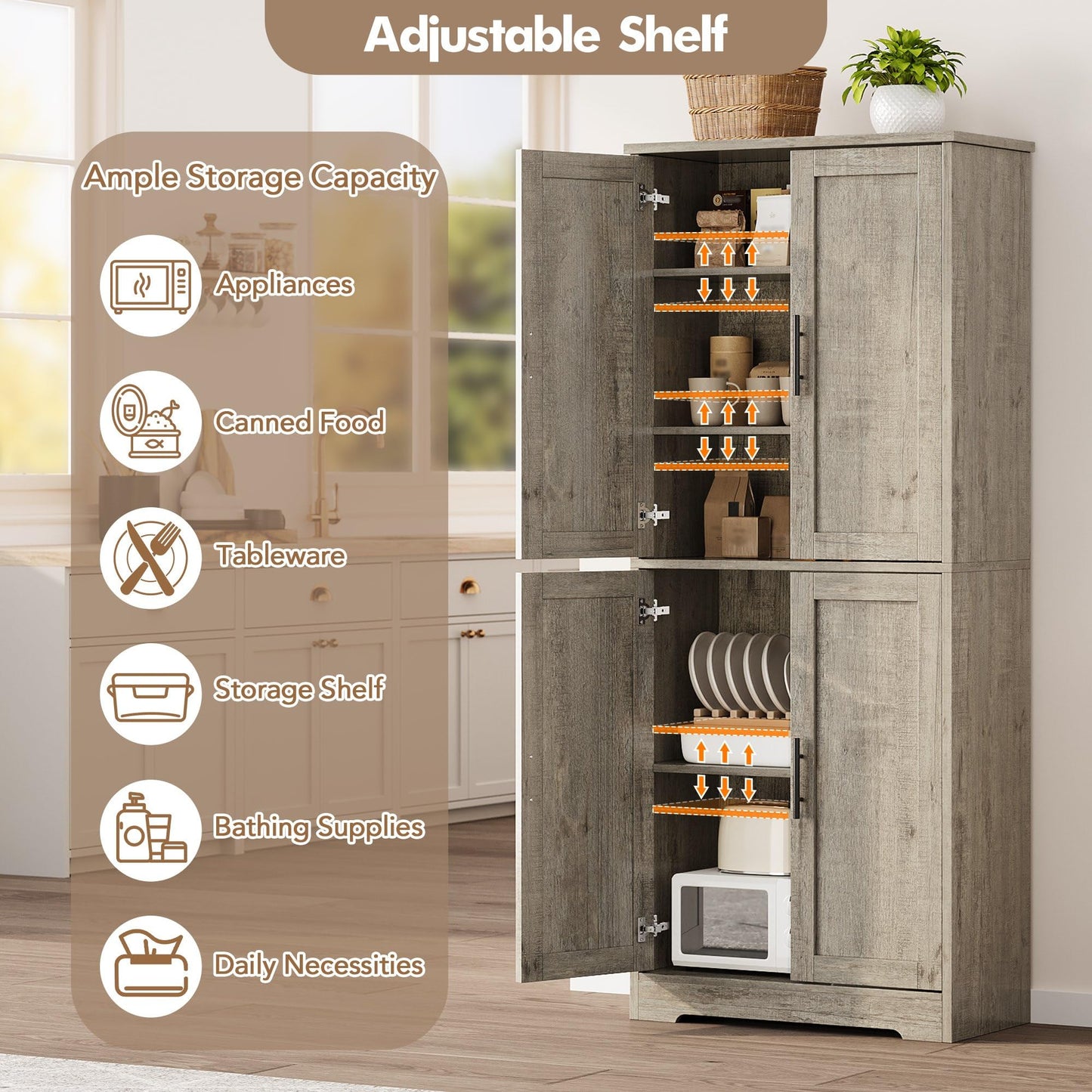 IDEALHOUSE Pantry Cabinet,70" Tall Kitchen Pantry Cabinet with 4 Doors and 3 Adjustable Shelves, Freestanding Cupboard, Modern Storage Cabinet for Bathroom, Dining Room, Living Room, Gray
