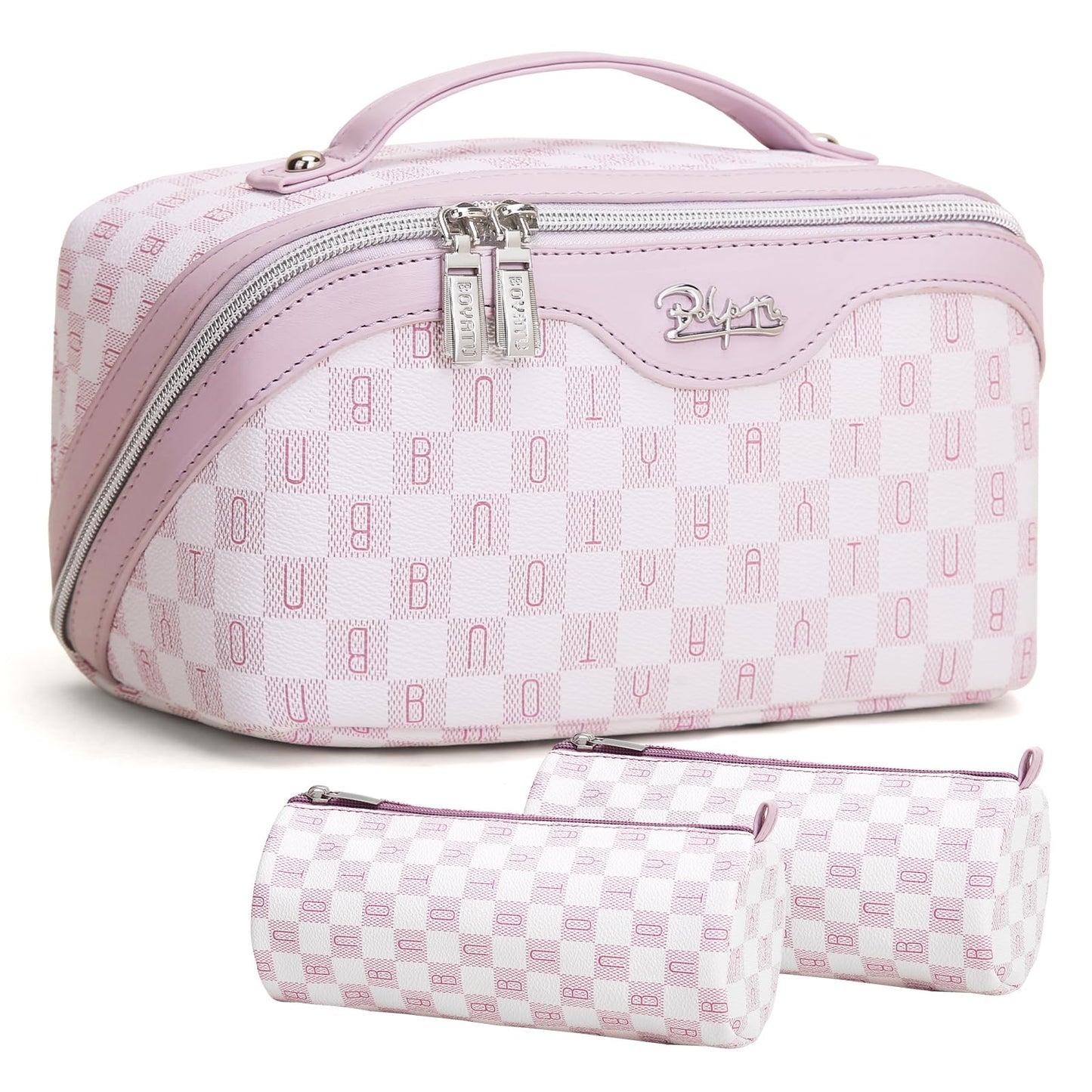 BOYATU Travel Makeup Bag Organizer Cosmetic Bag: 3 Pcs Set Make up Bags for Women with Handle - Waterproof Vegan Leather Toiletry Bags Travel Essentials Pouch with Compartments (H-05-Pink)