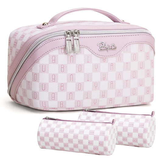 BOYATU Travel Makeup Bag Organizer Cosmetic Bag: 3 Pcs Set Make up Bags for Women with Handle - Waterproof Vegan Leather Toiletry Bags Travel Essentials Pouch with Compartments (H-05-Pink)