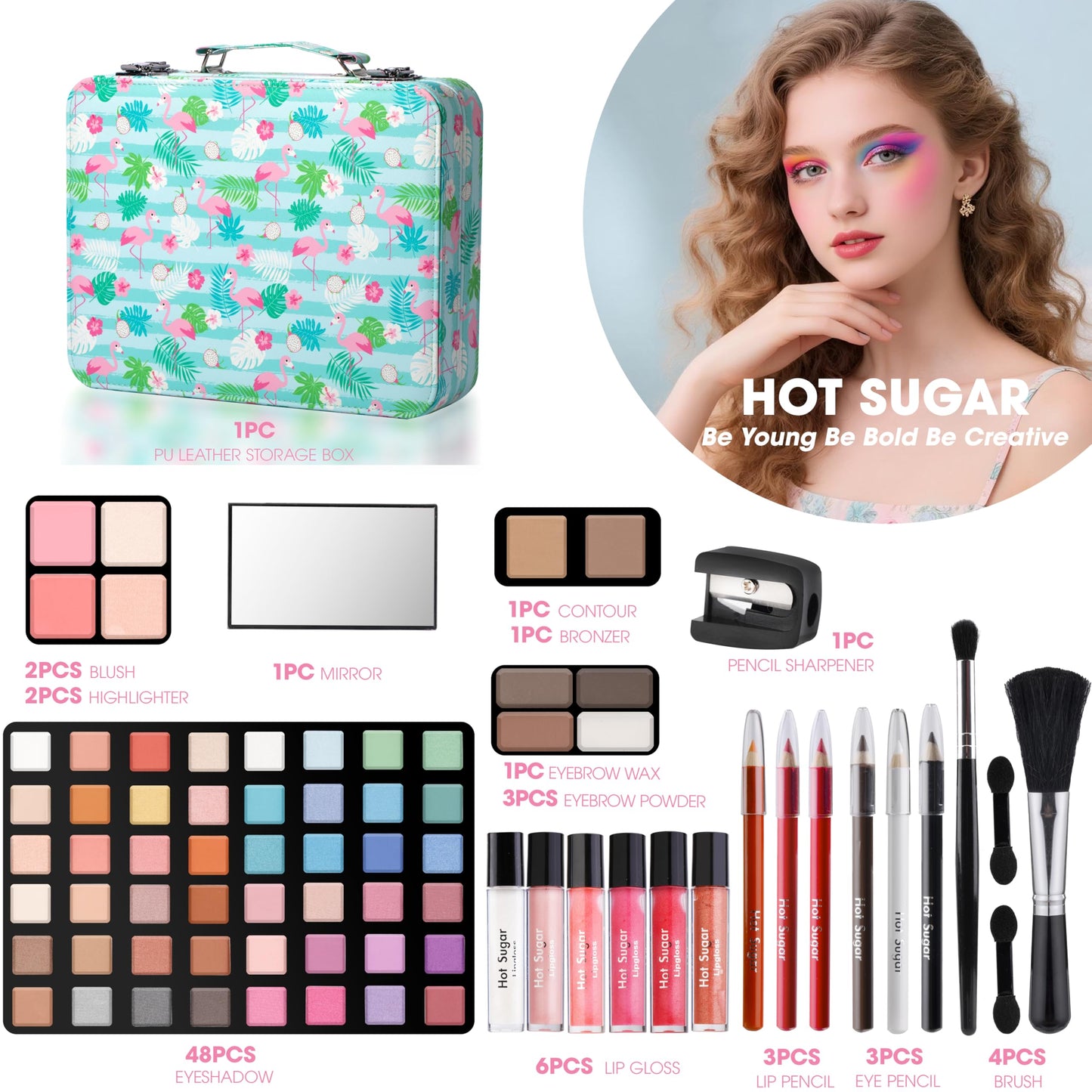 Hot Sugar Makeup Kit for Teenager Girls 13-15, All in One Beginner Makeup Kit for Women Full Kit, Teen Cosmetic Gift Set on Birthday Christmas (Green Flamingo)