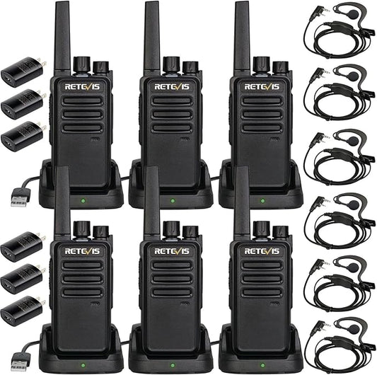 Retevis RT68 Two Way Radios with Earpiece, Heavy Duty Walkie Talkies for Adults, Compact 2 Way Radio Long Range Rechargeable with USB Charging Base, for Restaurant Church Security School (6 Pack)