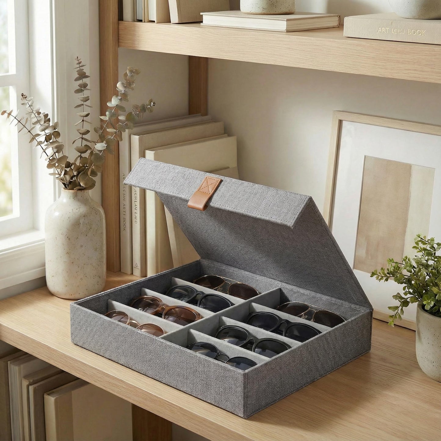 ZICOTO Beautiful Sunglass Storage Organizer For 8 Pairs - A Stylish Linen Case Protects and Displays All Your Glasses - The Perfect Storage Organizer To Hold Multiple Glasses Safe and Dust Free