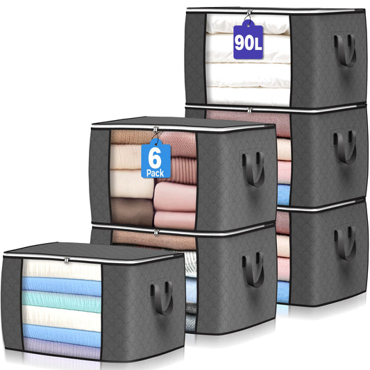 90L Large Storage Bags, 6 Pack Clothes Storage Bins Foldable Closet Organizers Storage Containers with Reinforced Handle for Clothing, Blanket, Comforters, Bed Sheets, Pillows and Toys (Gray)