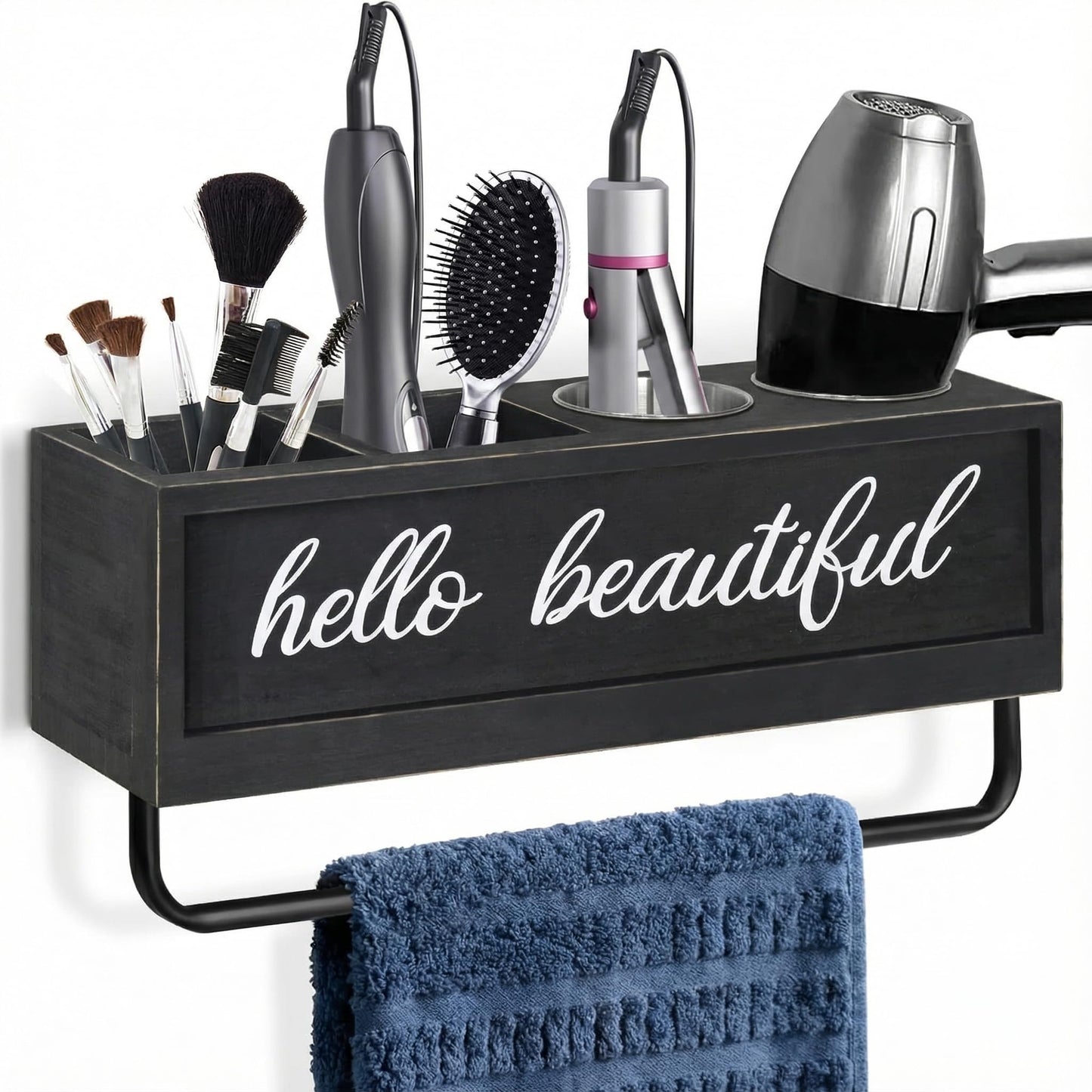 CusUnik Hair Dryer Holder Wall Mounted, Hair Tools and Styling Organizer with Towel Bar, Farmhouse Beauty Hair Appliance Holder for Flat Iron, Curling Wand, Towel Rack (Black)