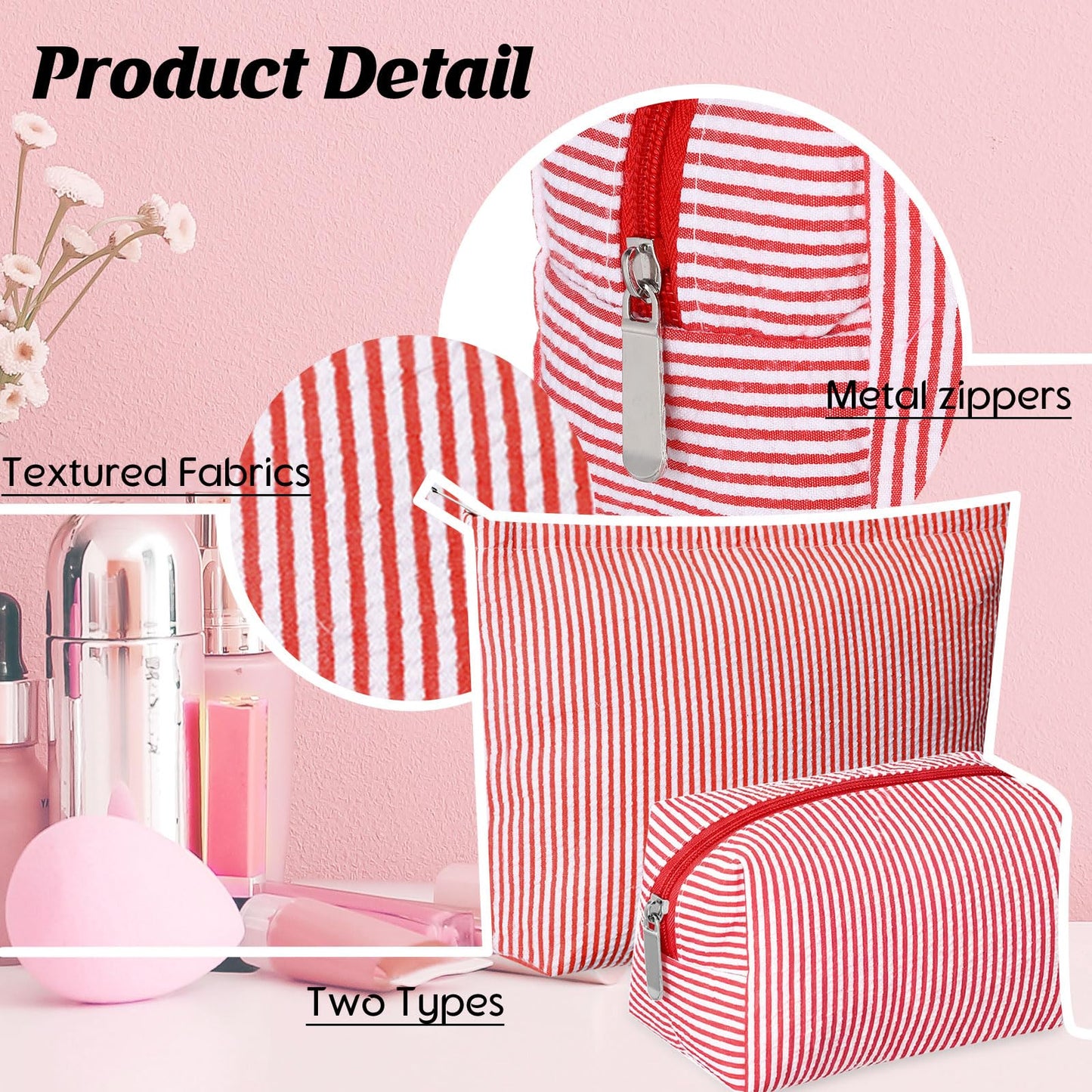 Huhumy 2 Pcs Makeup Bag Set Cute Cosmetic Pouch for Women Seersucker Travel Toiletry Bag Preppy Small Makeup Purse Pouch Aesthetic Skincare Brushes Storage Organizer for Valentine Women(Red)