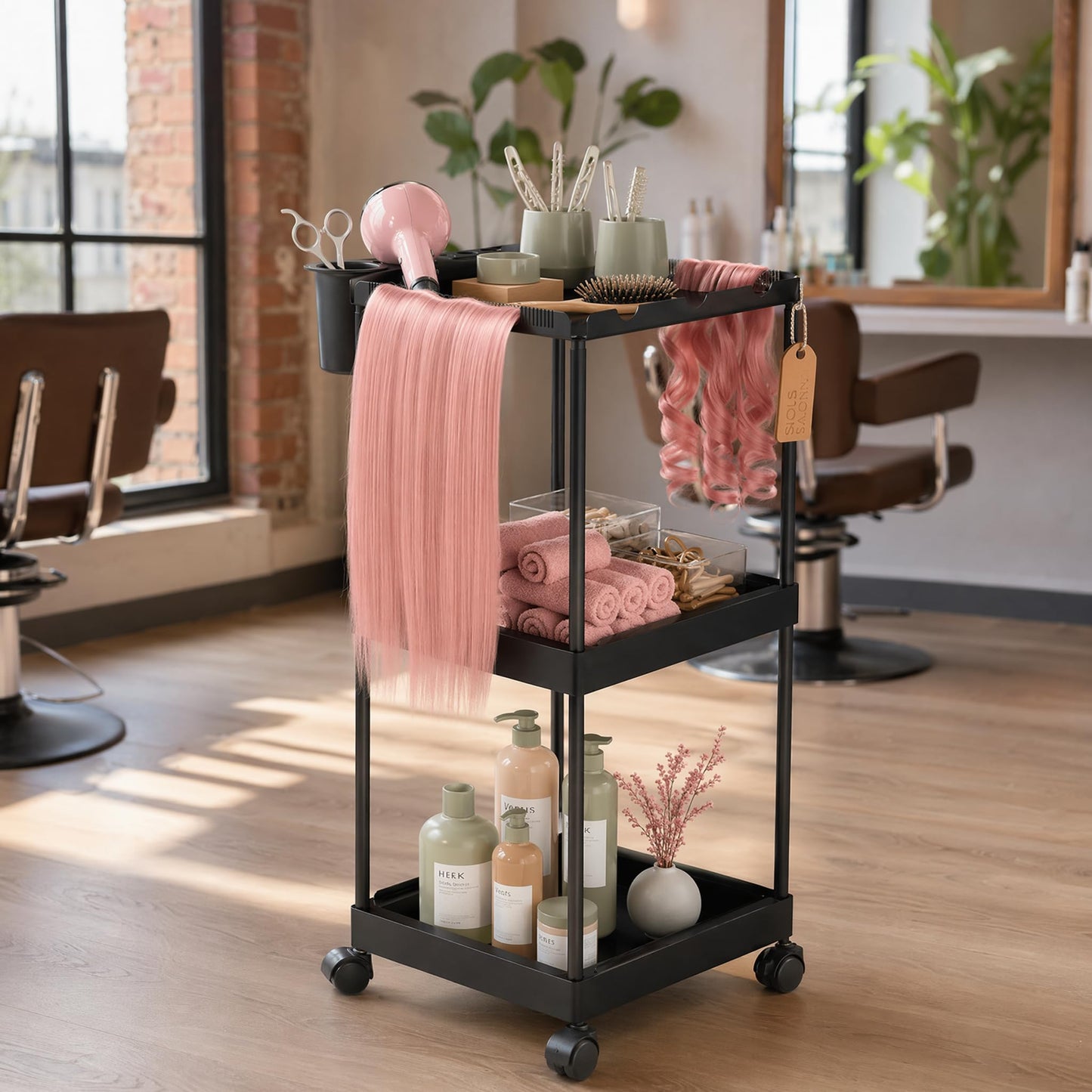 Veonly Metal 3 Tiers Salon Rolling Tray,Salon Tray on Wheels,Hair Extension Holder Salon Trolley,Hairstylist Tool Storage Cart for Salon(Black)