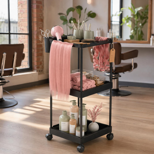 Veonly Metal 3 Tiers Salon Rolling Tray,Salon Tray on Wheels,Hair Extension Holder Salon Trolley,Hairstylist Tool Storage Cart for Salon(Black)