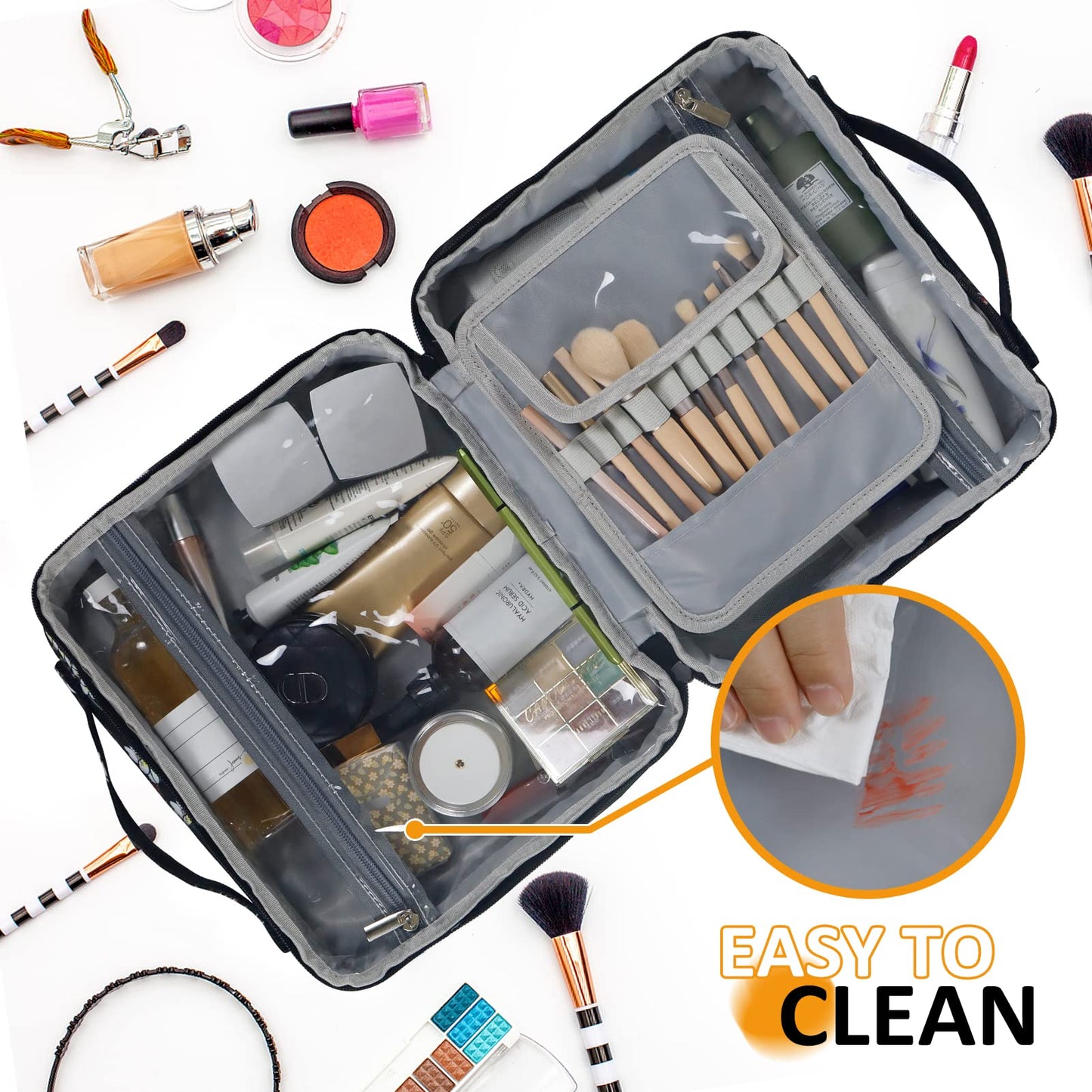 Gloppie Travel Toiletry Bag for Women Makeup Bag Big Cosmetic Bag Make Up Case Organizer for Beauty & Skincare Care Accessories White Flower
