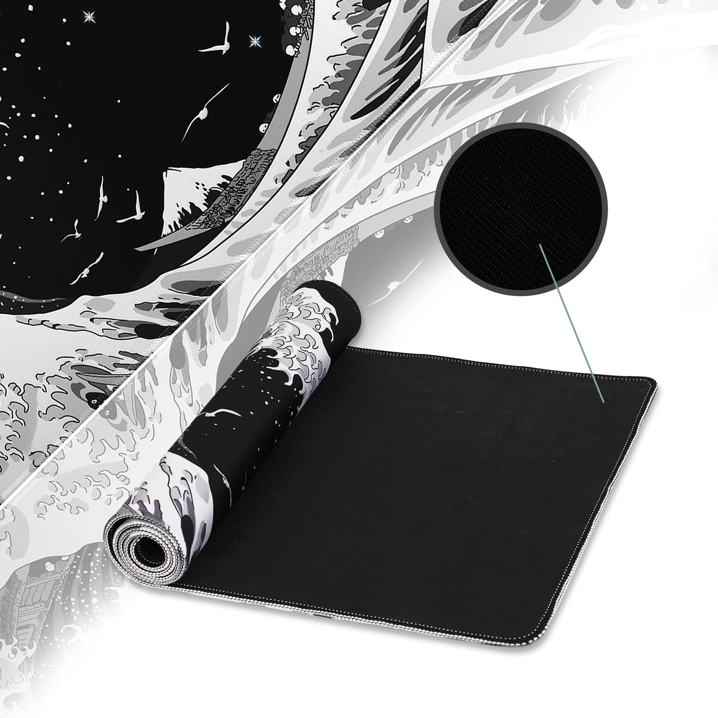MEWOOCUE® Gaming Mouse Pad for Desk,Large Sea Wave Mousepad Laptop,Black White Japanese Anime Mouse Mat,Long XXL Waterproof Keyboard Pads,Big Non-Slip Mouse Pads for Game Office Home（35.4 x 15.7 in）