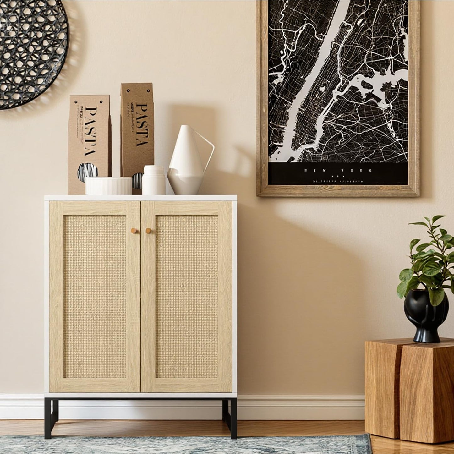 Panana Rattan Decorated 2 Doors Storage Cabinet Accent Cabinet Living Room Cupboard Kitchen Sideboard Buffet Table (White)