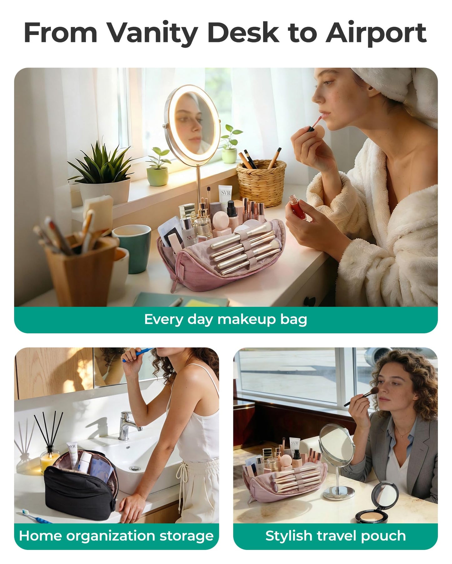 BAGSMART Travel Makeup Bag for Women, Portable Fold-down Cosmetic Case, Puffy Padded Make Up Organizer Pouch, Water-resistant Toiletry Bag for Toiletries, Brushes (Baby Pink)