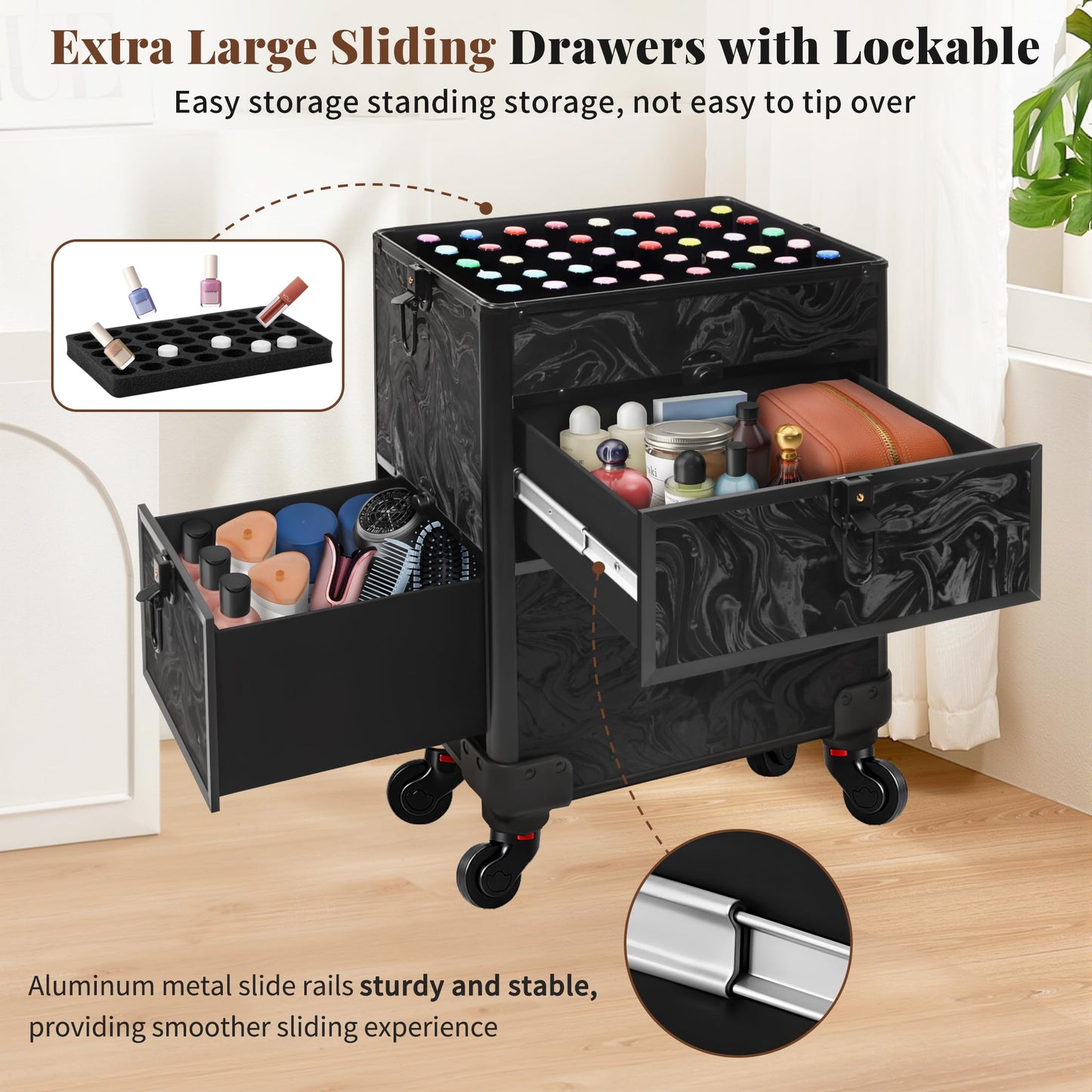 AROUS Rolling Makeup Case with 3 Drawers, Cosmetology Case on Wheels 5 IN 1 Makeup Train Case Make Up Organizer for Artist Salon Nail Teach Trunk,Ink