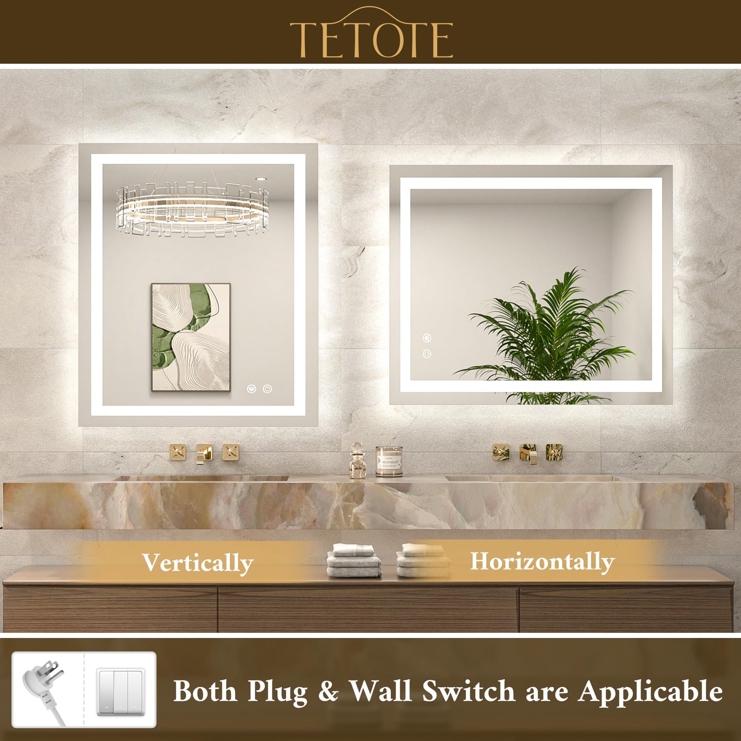 TETOTE 30 x 30 Inch LED Bathroom Mirror with Frontlit and Backlit, Brighter Light up Bathroom Vanity Mirror with Lights, 3-Color Dimmable Illuminated Anti Fog Mirror Wall Mounted, Waterproof