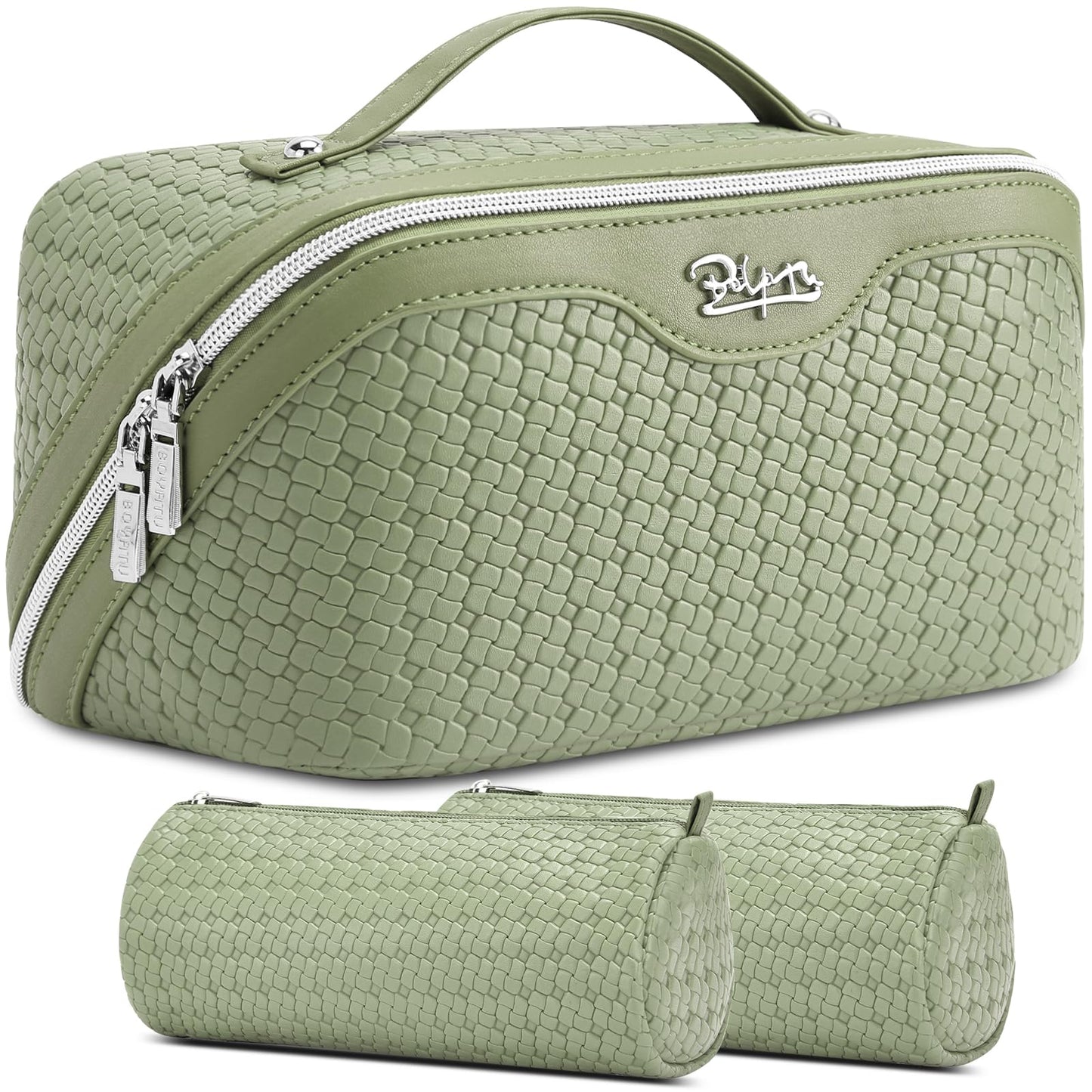 BOYATU Travel Makeup Bag Cosmetic Bags for Women: Large Capacity 3 Pcs Set Make up Bag with Compartments - Waterproof Vegan Leather Toiletry Organizer Bags with Handle (L51Grass Green)