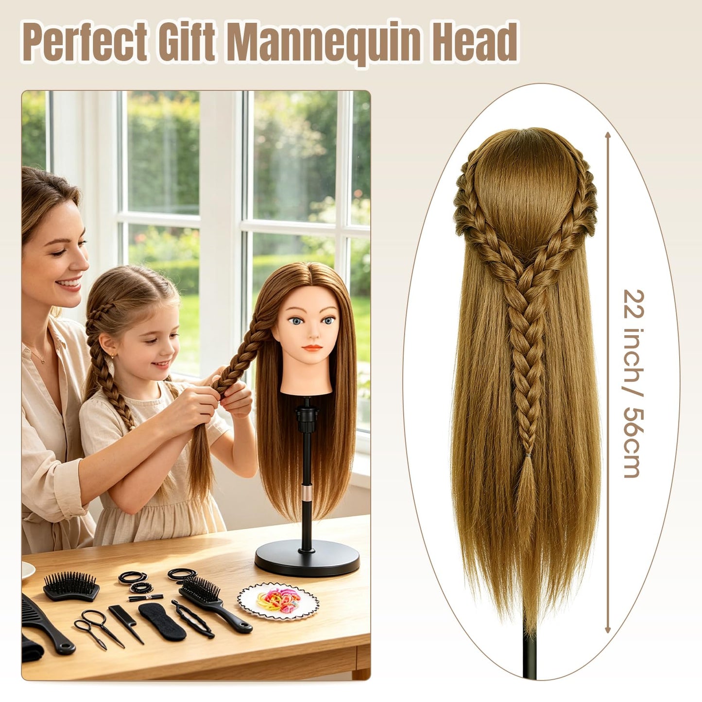 Mannequin Head with 100% Human Hair,22''Real Hair Cosmetology Mannequin Manikin Head Hair Styling Hairdressing Practice Training Doll Head Hairs with Clamp Holder and Tools(Light Brown Blue Eyes)