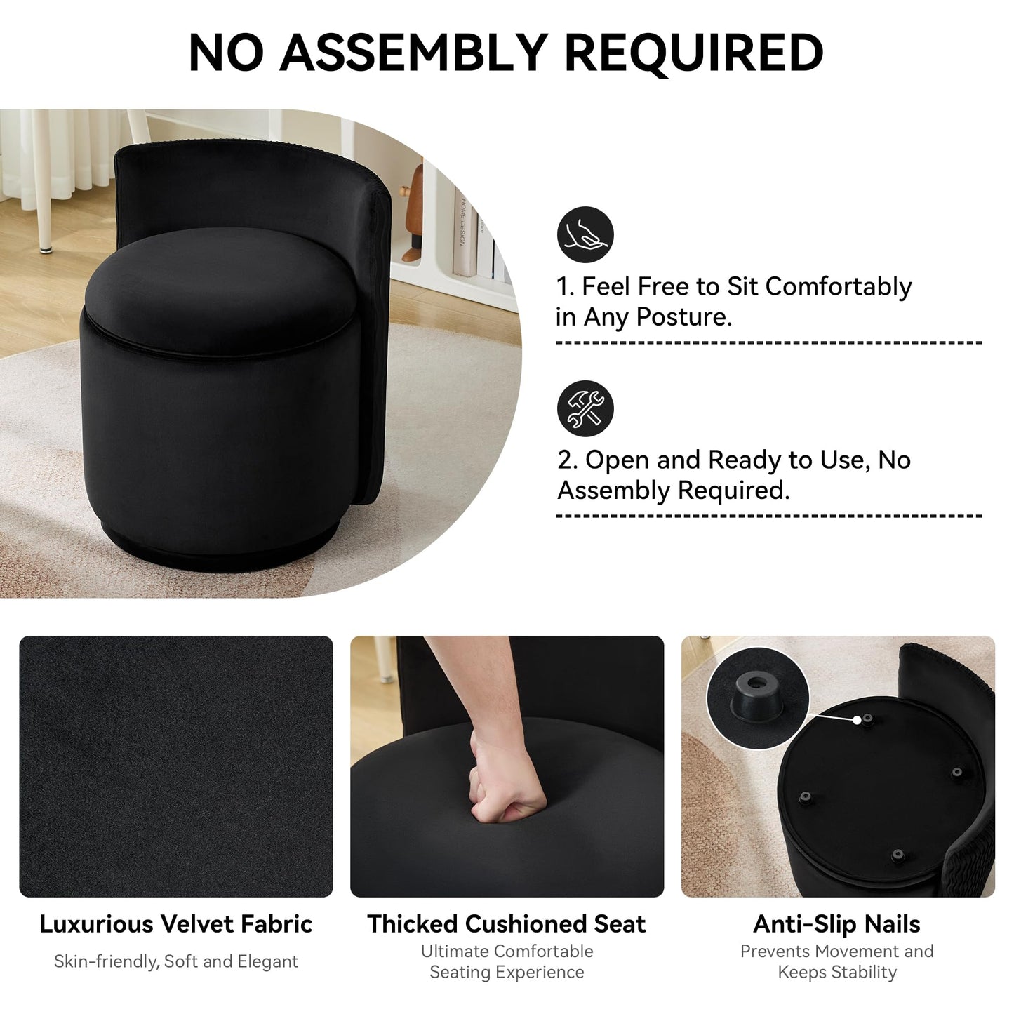 WUTUTUEE Velvet Vanity Chair with Storage, 360° Swivel Makeup Chair with Wave Back, No Assembly Small Accent Stool for Bedroom, Dressing, Living Room, Black