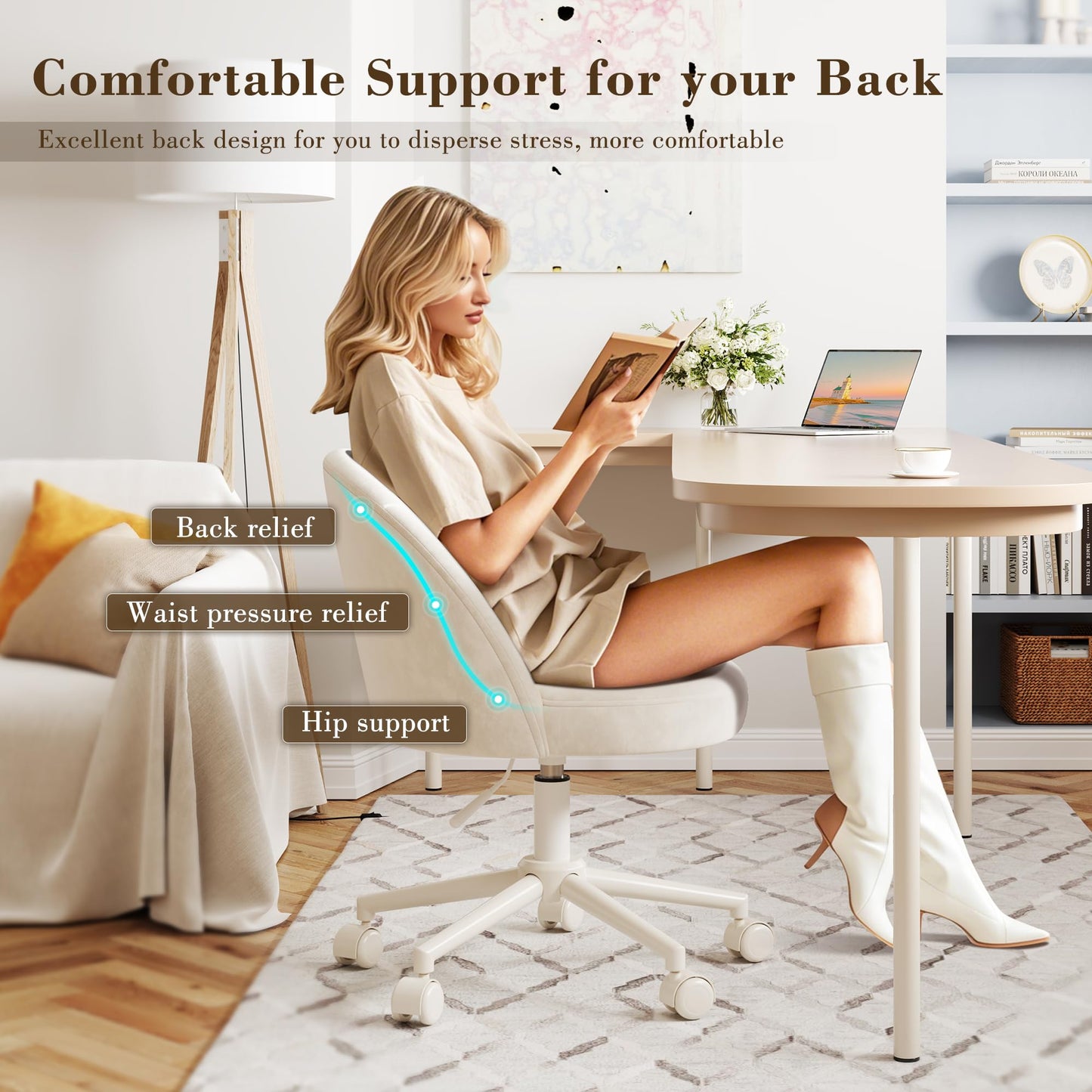 EnHomee Velvet Vanity Chair with Wheels – Armless Swivel Desk Chair, Height Adjustable, Curved Lumbar Back Support, Rolling Task Chair for Makeup Vanity, Home Office & Young Teen Bedroom, Cream White