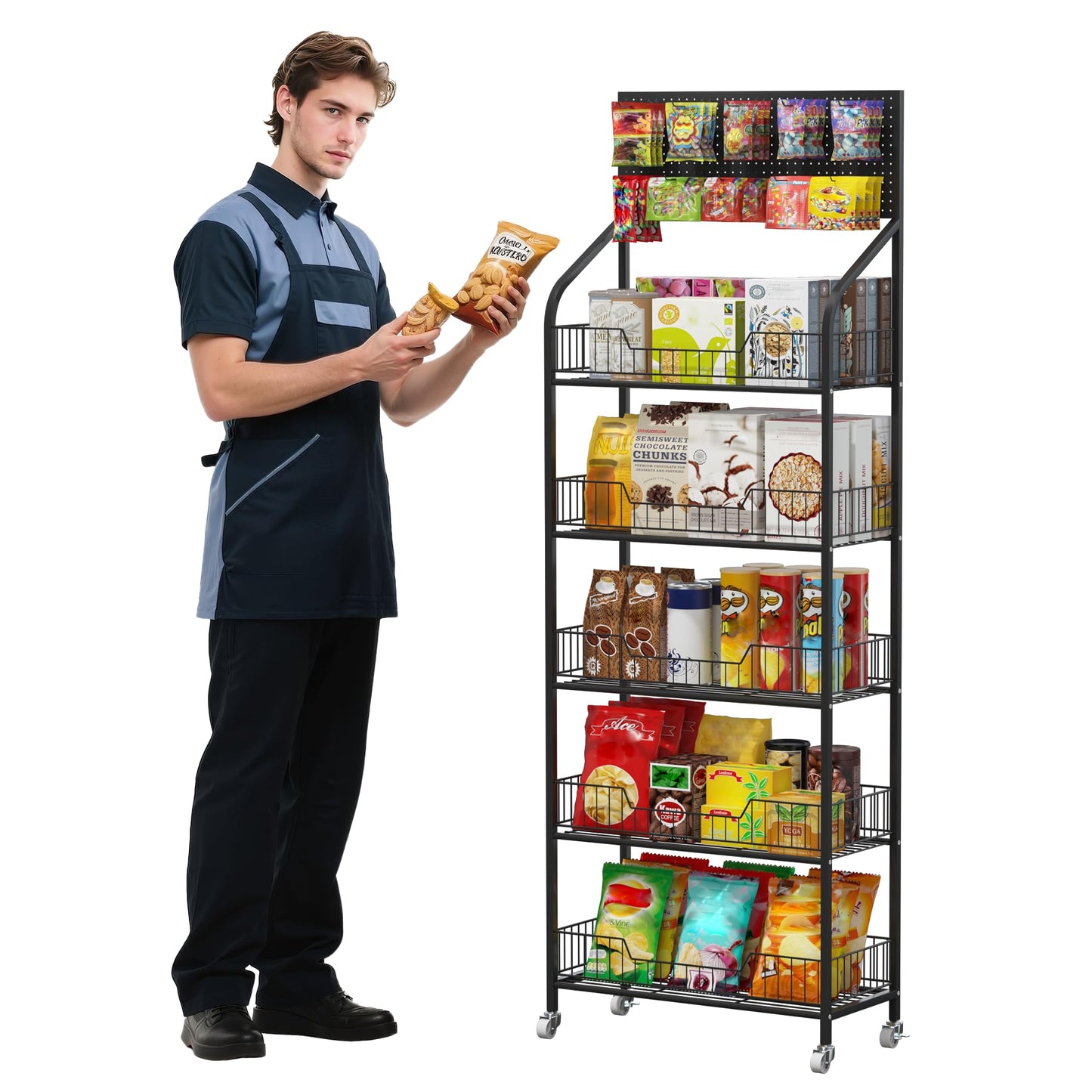 Nisorpa 5 Tier Supermarket Retail Display Racks, Free-Standing Metal Snack Candy Display Racks Cart with Wheels Chips Display Rack Stand for Convenience Stores Home Kitchen, 23.6 x 66.9 x 10.6 Inches