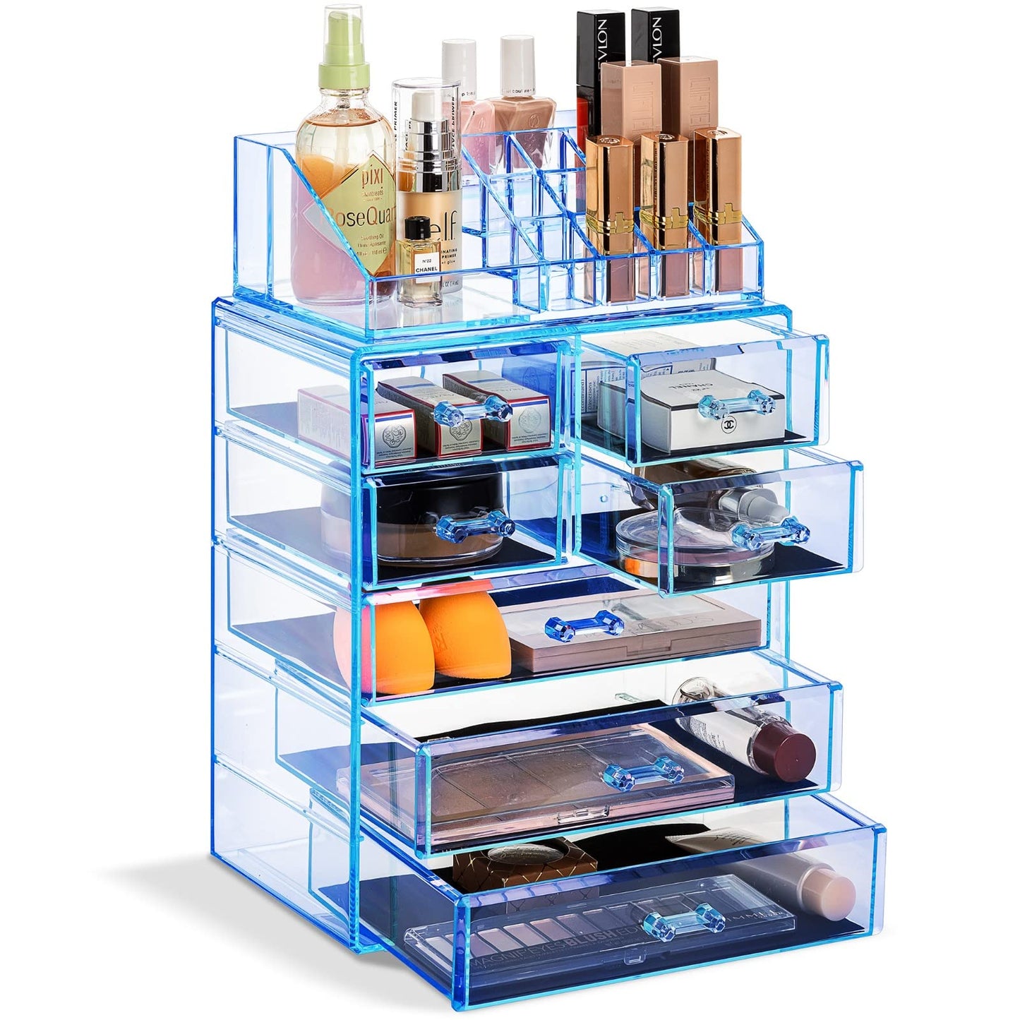 Sorbus Acrylic Makeup Organizer Set, 7-Drawer Vanity & Countertop Cosmetic Storage with Small & Wide Compartments, Blue Brilliance Makeup Storage for Brushes, Jewelry – Holiday Gift for Women & Teens