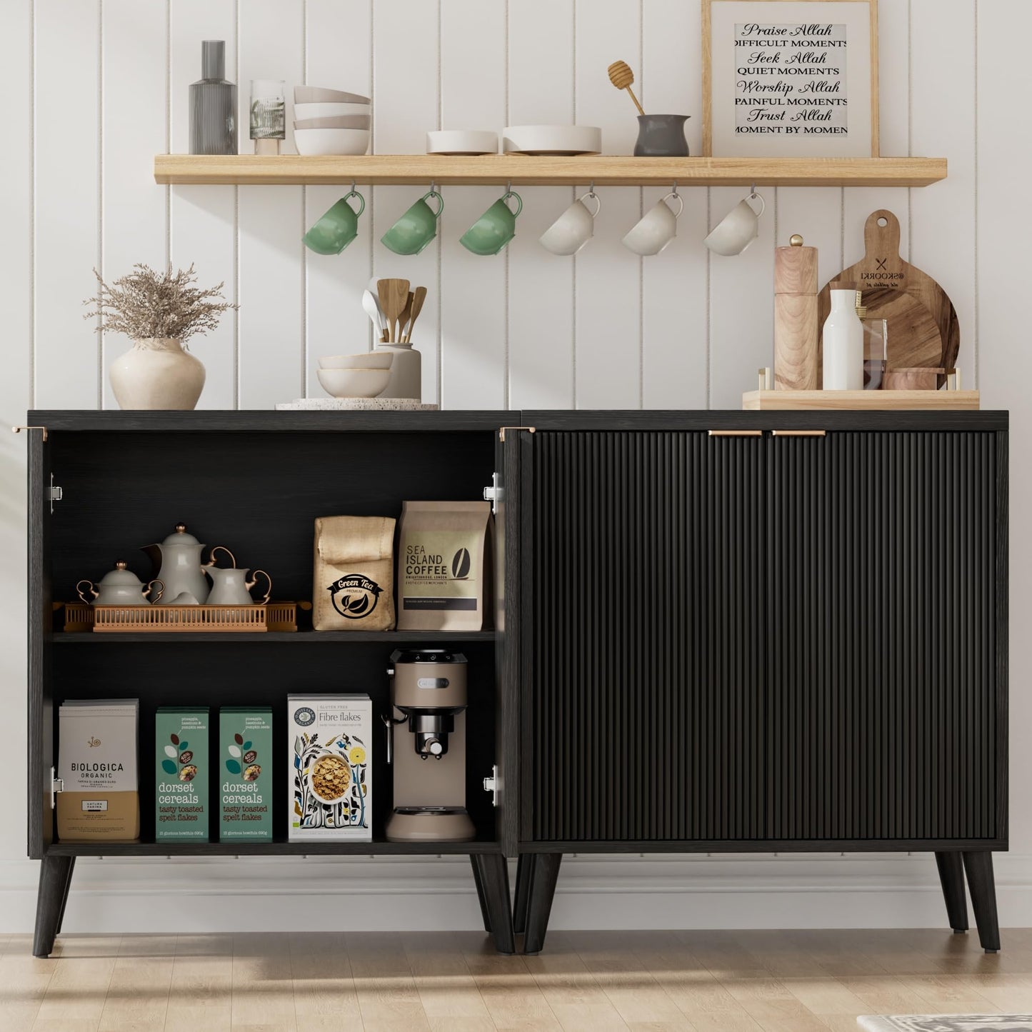 Homleke Buffet Cabinet with Storage, Modern Fluted Accent Sideboard with Doors & Adjustable Shelf, Buffet Table Entryway Cabinets for Living Room, Kitchen, Dining Room, Hallway, Black