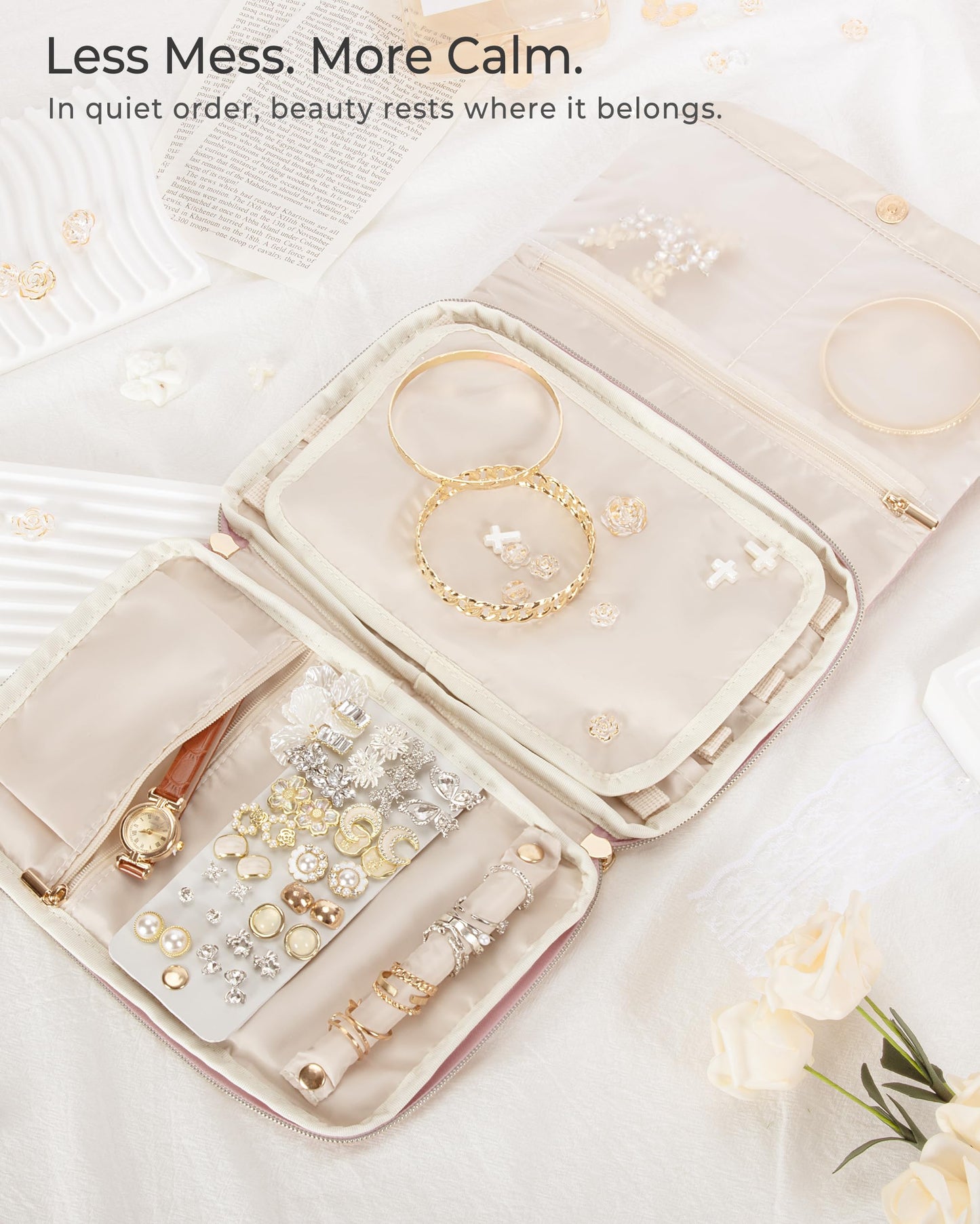 Marscamd Travel Jewelry Organizer Case for Women, Foldable Jewelry Bag for Earrings, Rings, Necklaces, Bracelets, Brooches, Pink