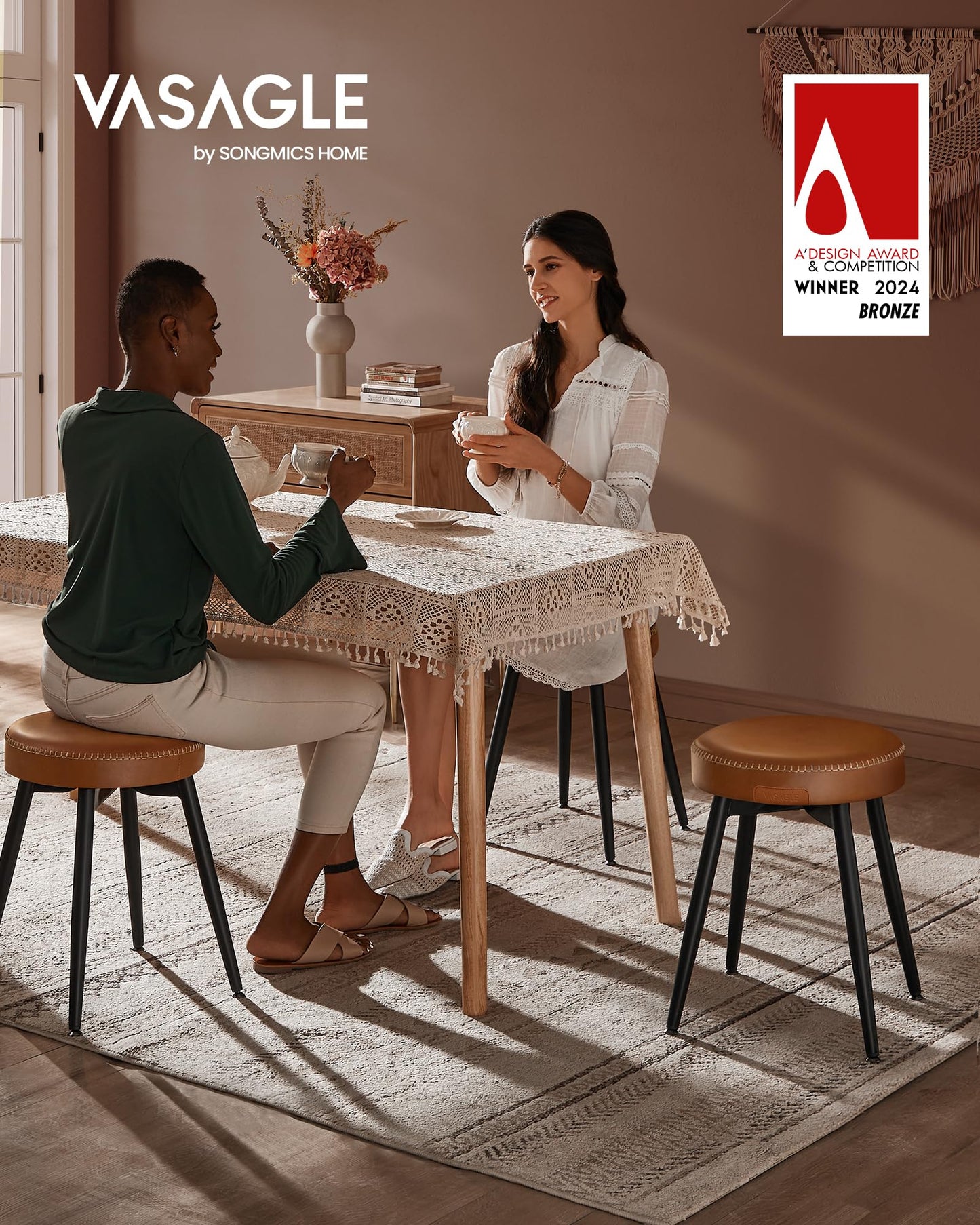 VASAGLE EKHO Collection - Dining Chairs Stools Set of 2, Upholstered Kitchen Chairs, Vanity Stools, Synthetic Leather with Stitching, Mid-Century Modern, 19-Inch Tall, Easy Assembly, Caramel Brown