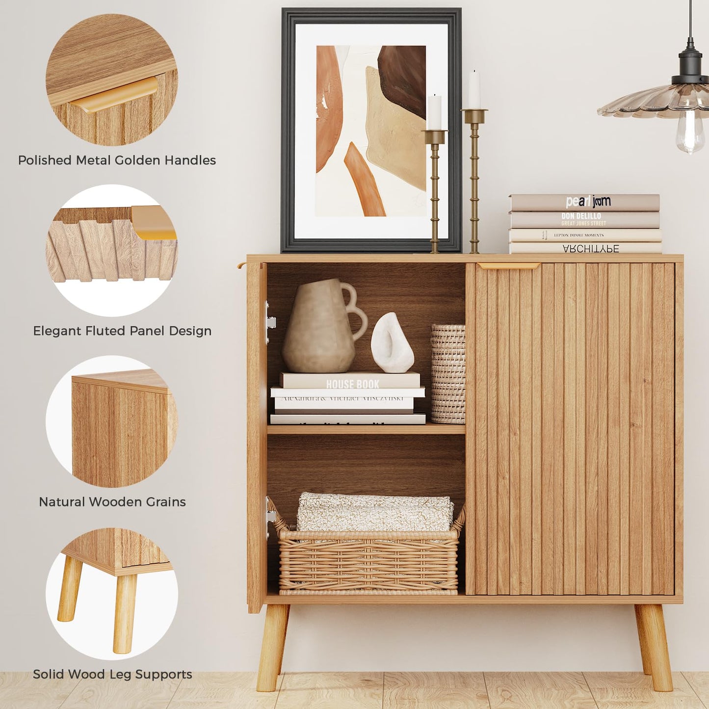 REHOOPEX Fluted Storage Cabinet, Buffet Cabinet with Storage, Wood Sideboard with Adjustable Shelf, Modern Accent Cabinet & Console Table for Entryway, Living Room, Dining Room, Natural