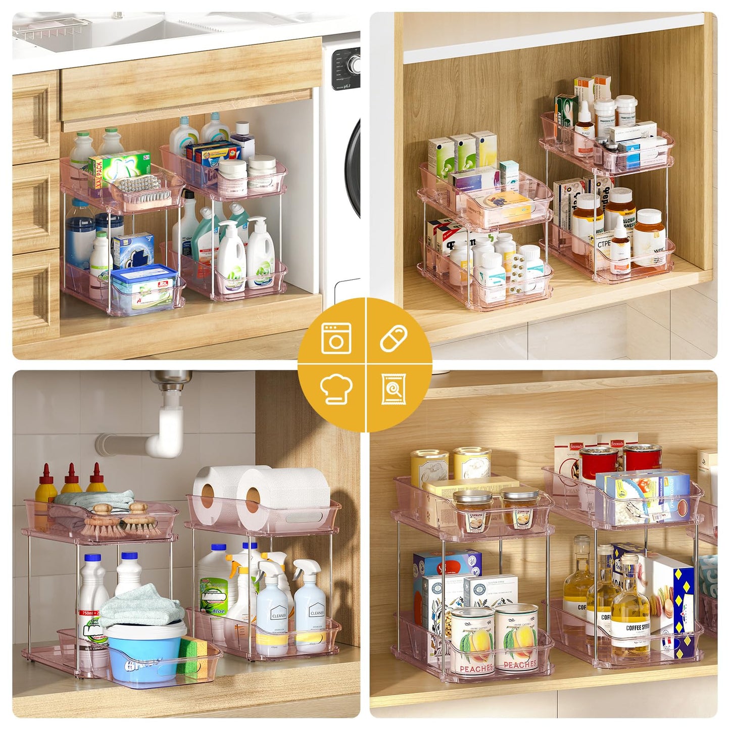Delamu 2-Tier Under Sink Organizers and Storage, Multi-Purpose Stackable Bathroom Cabinet organizers, Pull Out Kitchen Pantry Organization and Storage with Dividers(2 Pack, Pink)