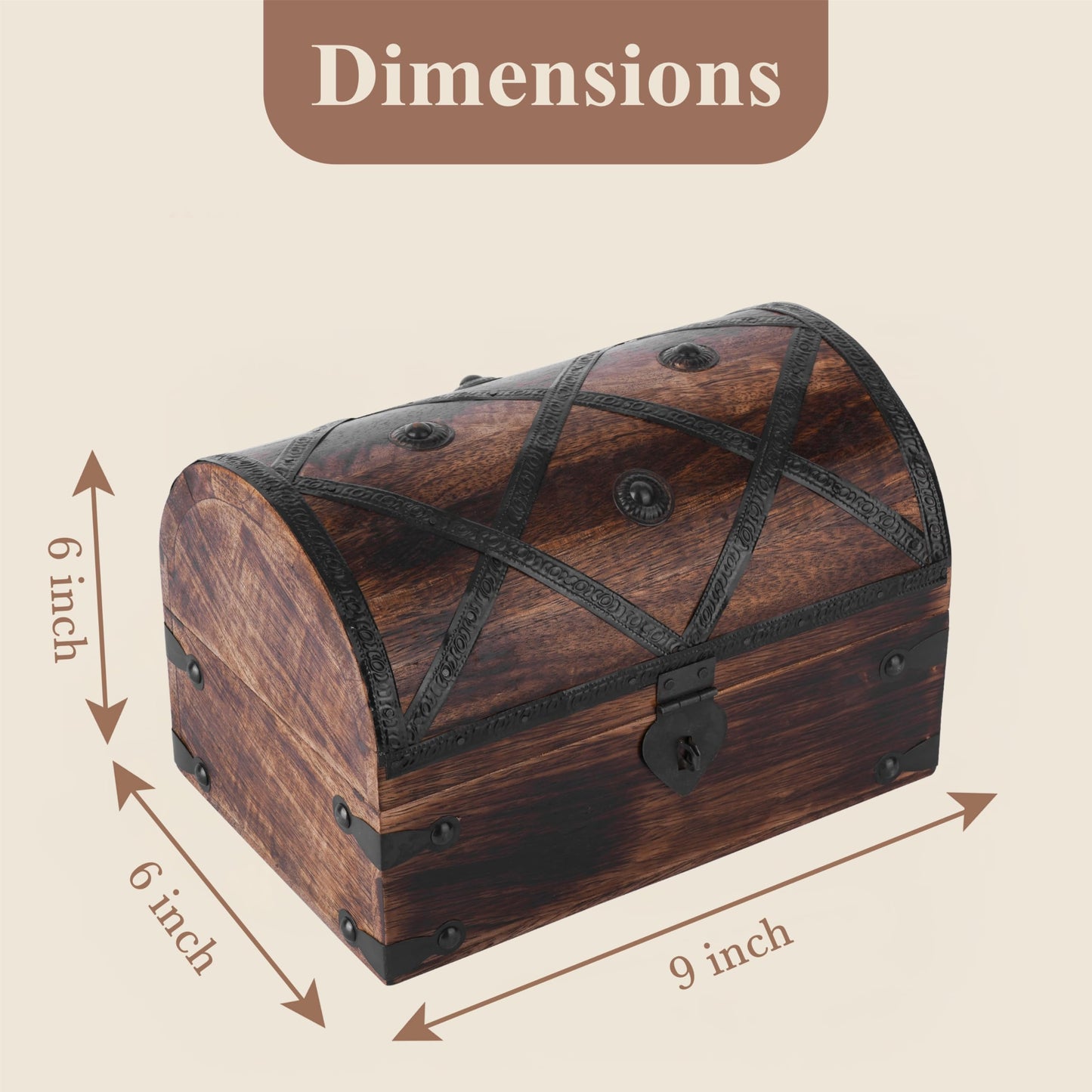 Ajuny Wooden Treasure Chest Keepsake Box, Handmade Pirate Treasure Chest Storage Box, Decorative Wooden Box for Jewelry, Collectibles, Keepsakes & Home Decor, 9 x 6 x 6 Inch