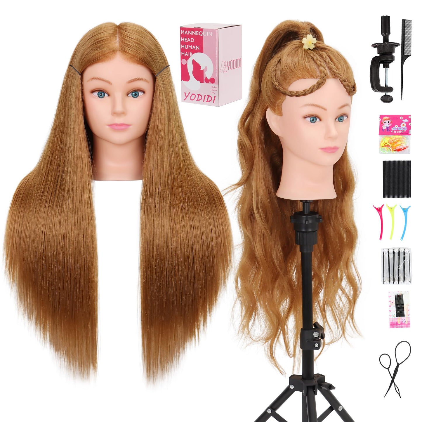 Mannequin Head Human Hair for Cosmetology - Manikin Head With 80% Human Hair for Styling Practice, Manikin Practice Head Hairdresser With Free Clamp Holder (#27-UB)