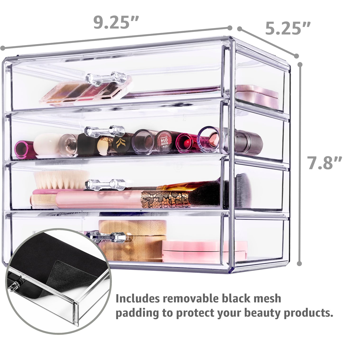 Sorbus Acrylic Makeup Organizer Set, 4-Drawer Vanity & Countertop Cosmetic Storage with Wide Drawers, Clear Makeup Storage for Brushes, Lipsticks, Jewelry – Holiday Gift for Women & Teens