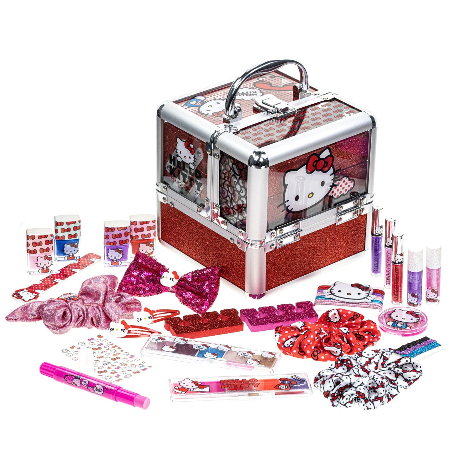 Hello Kitty Train Case Cosmetic Makeup Set Includes Lip Gloss, Eye Shimmer, Nail Polish, Hair Accessories & More! For Girls, Ages 6+ Perfect for Parties & Makeovers by Townley Girl