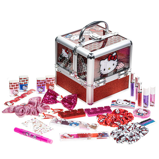 Hello Kitty Train Case Cosmetic Makeup Set Includes Lip Gloss, Eye Shimmer, Nail Polish, Hair Accessories & More! For Girls, Ages 6+ Perfect for Parties & Makeovers by Townley Girl