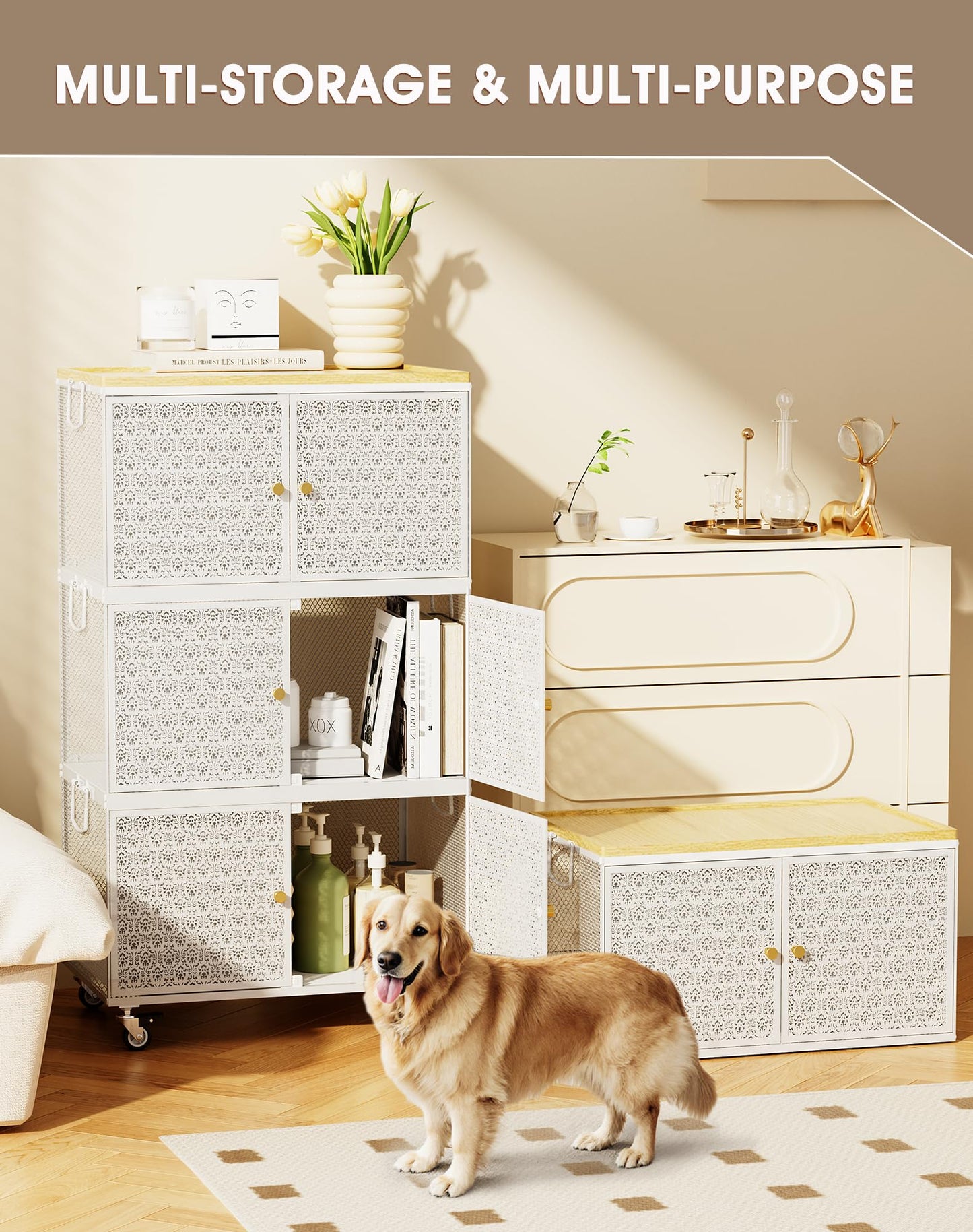 3 Tier Metal Storage bins with wheels, Storage Bins with Magnetic Doors, Storage Cart for Living Room