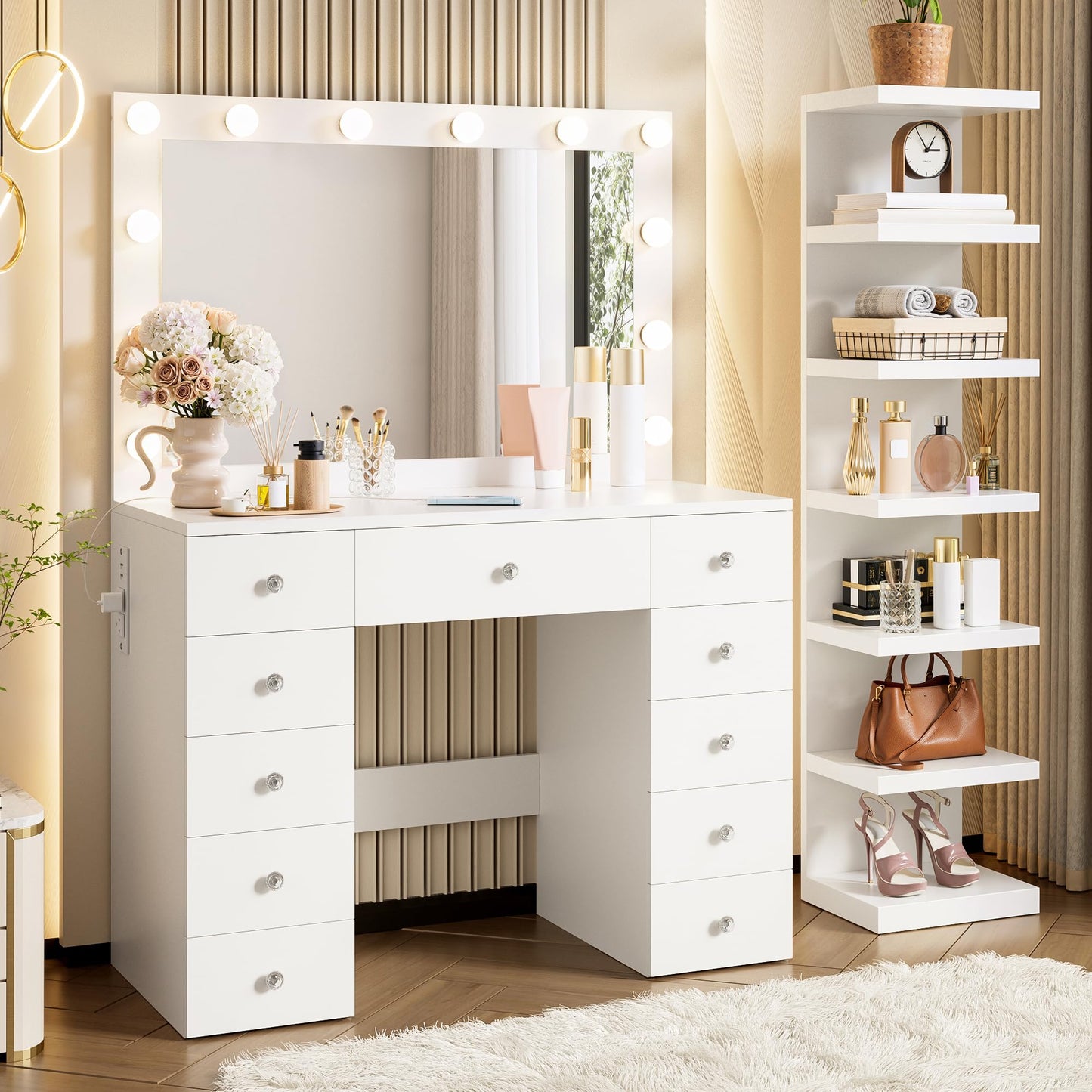GDFStudio 43.3" Vanity Desk with 11 Bulbs & 7-Tier Storage Shelves, Makeup Vanity Table with Power Outlet, 11 Drawers, Adjustable 3-Color LED Lighting, Crystal Handles, Large White Dressing Table